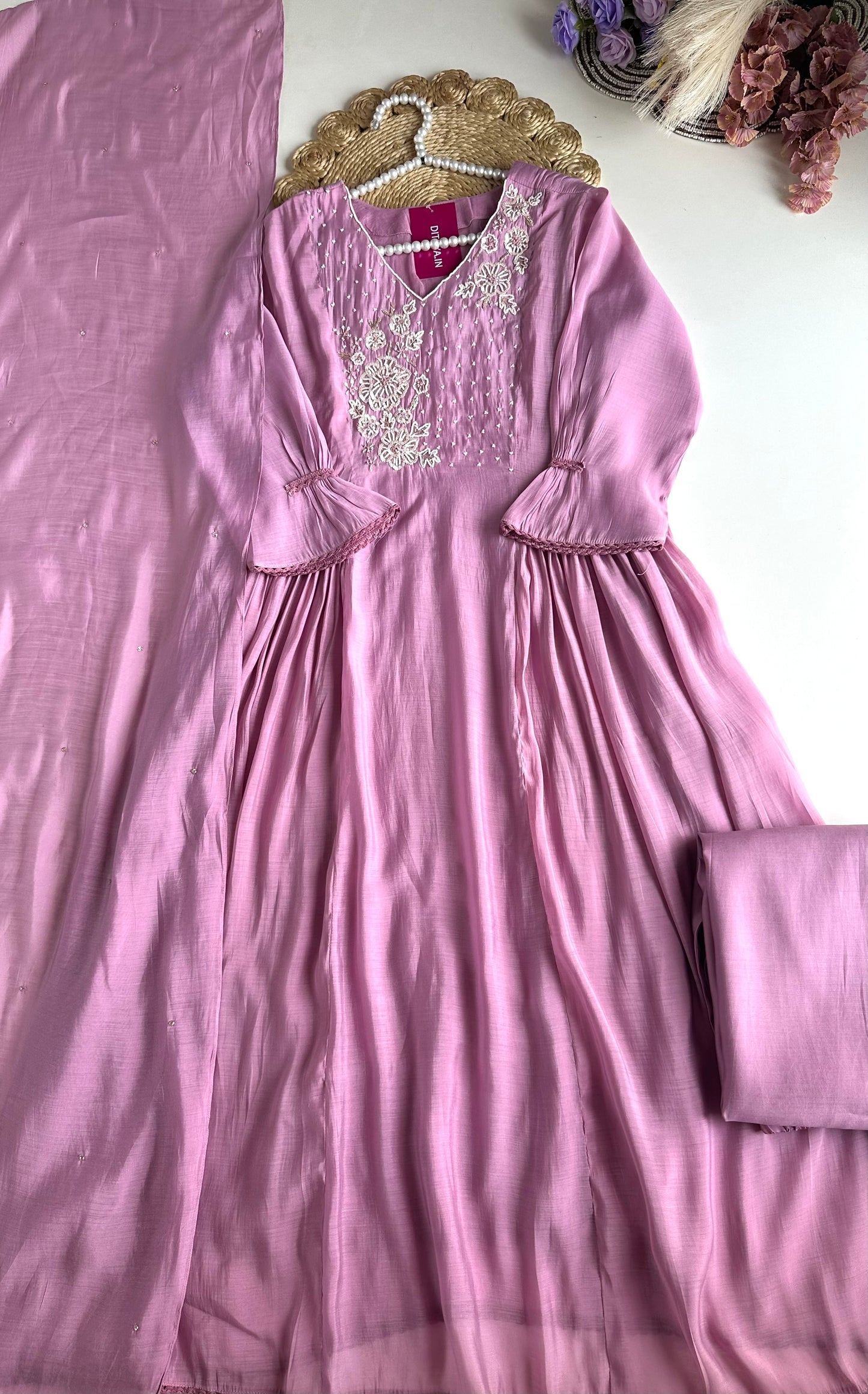 K178 - Mul Chanderi handwork Anarkali with pants and dupatta in 2 colours