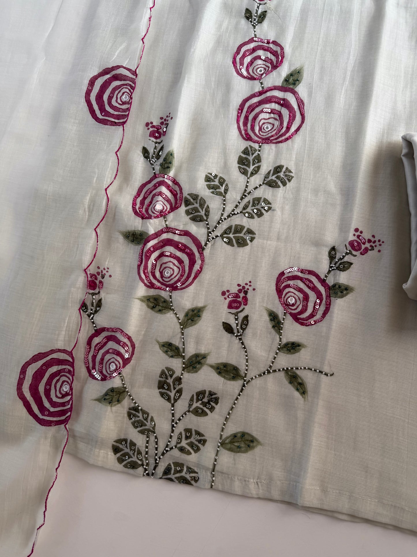 K280 - Mul chanderi handwork straight Kurti with pants and dupatta