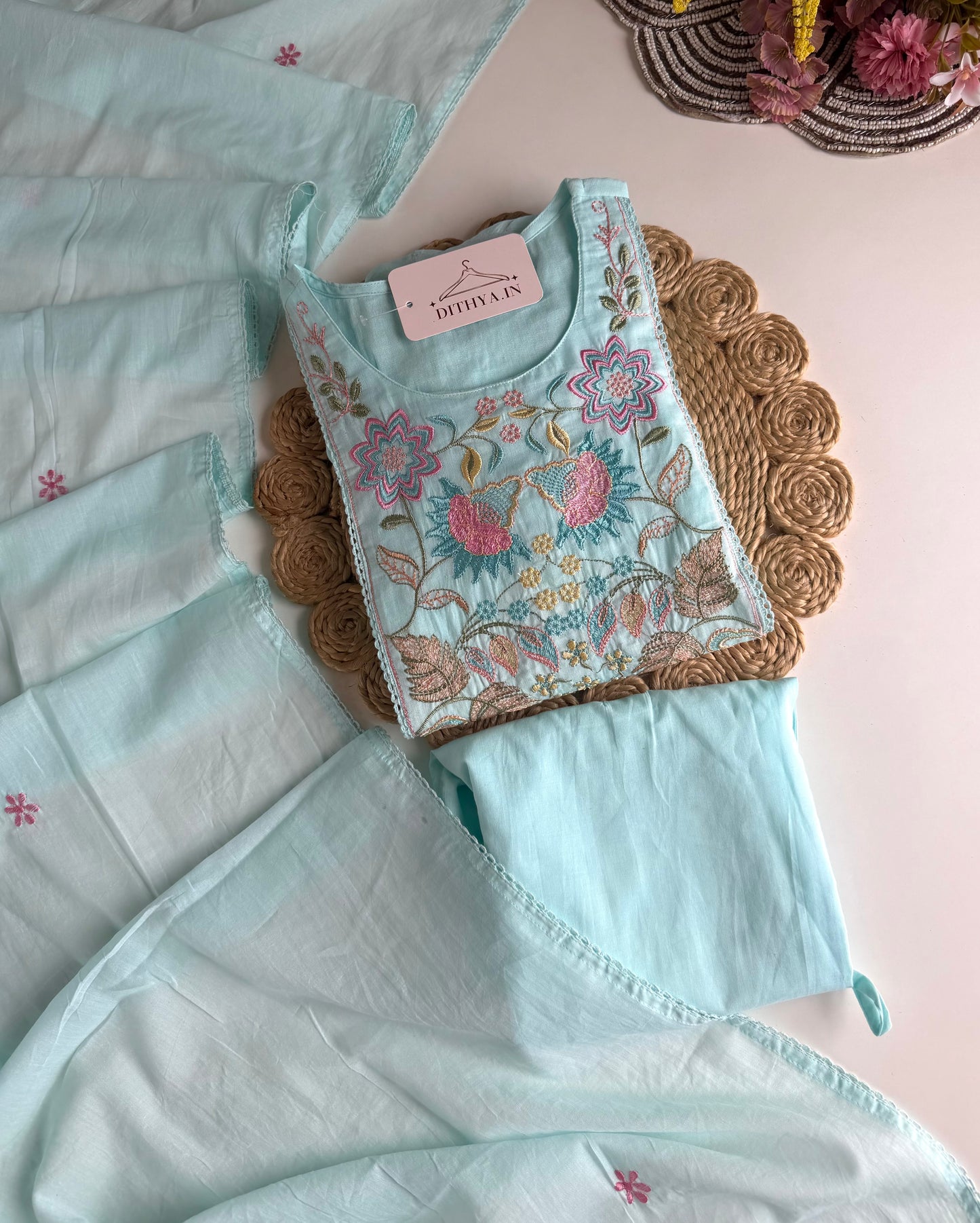 K215 - Mul cotton embroidered Anarkali with pants and dupatta in 2 colours