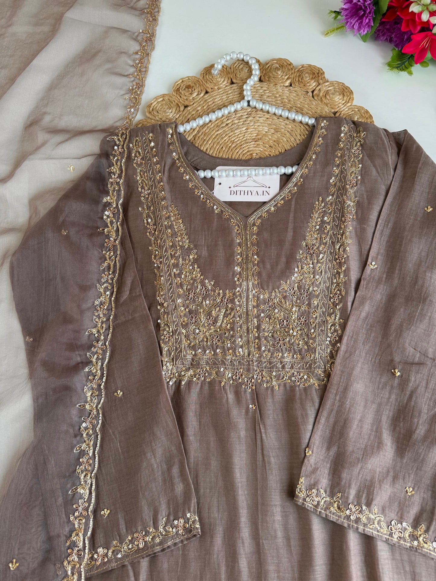 K120 - Mul chanderi handwork Aline Kurti with pants and dupatta