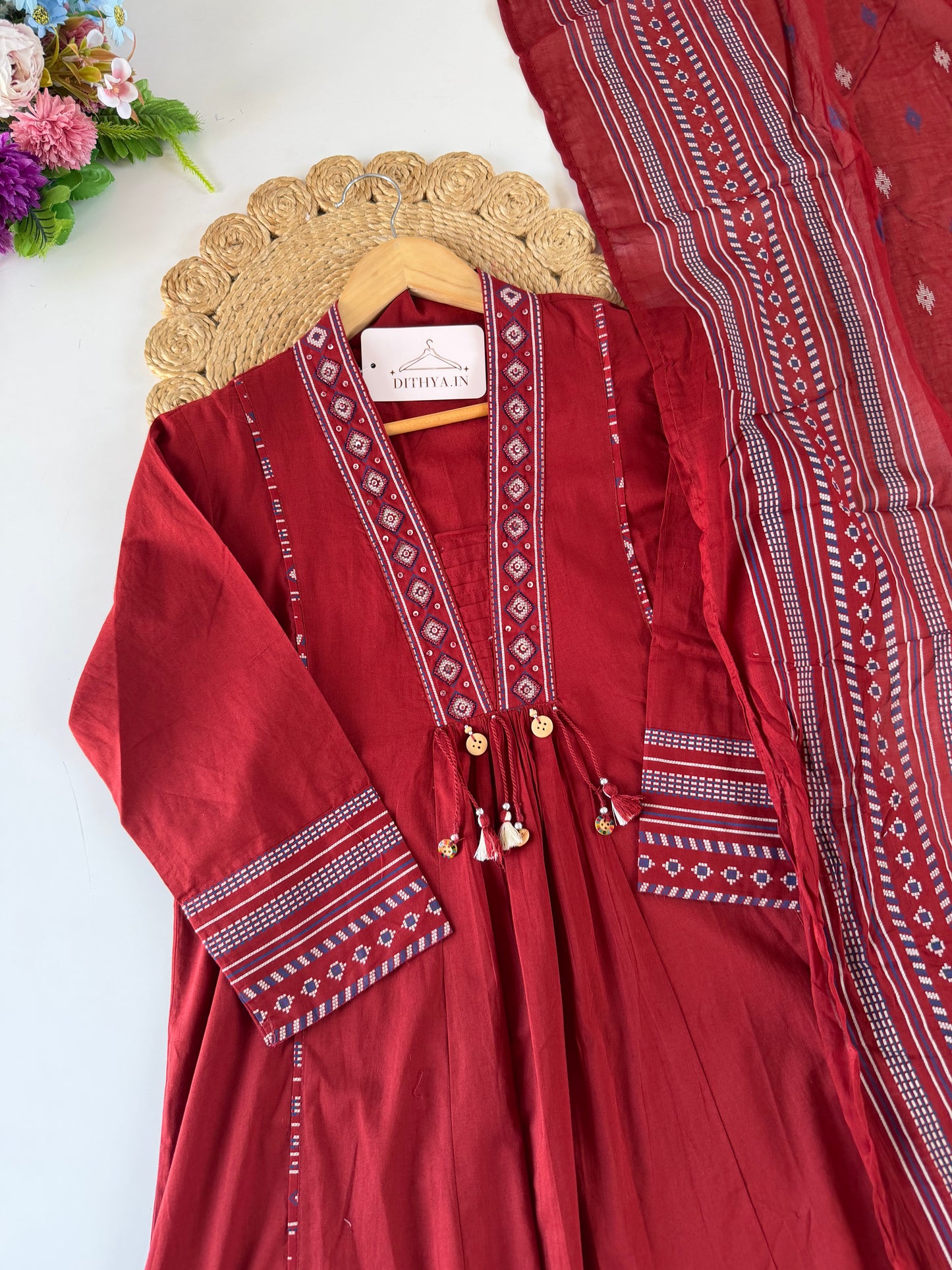 K692 - Mul cotton embroidered Aline Kurti with pants and dupatta