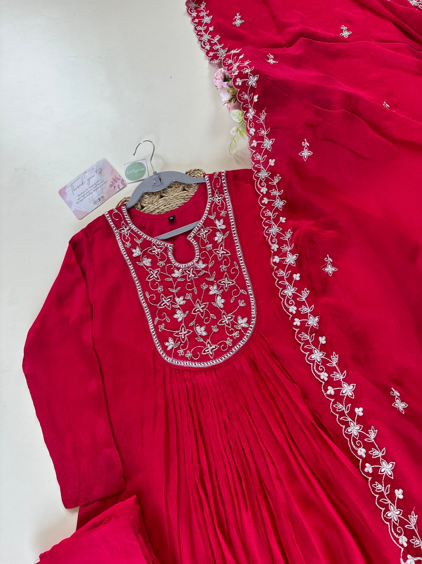 K023 - Handwork Chinnon Anarkali with pants and dupatta.