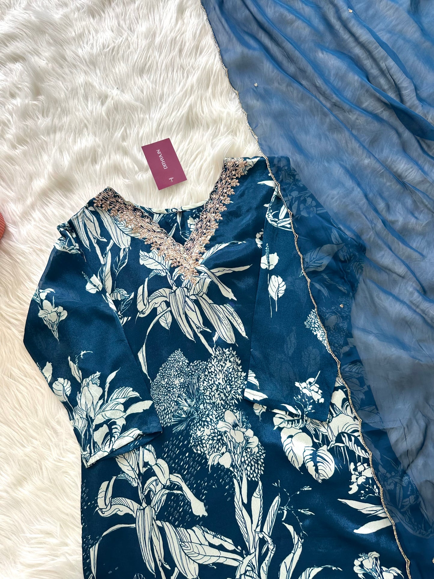 K431 - Chinnon floral straight Kurti with pants and dupatta in 2 colours