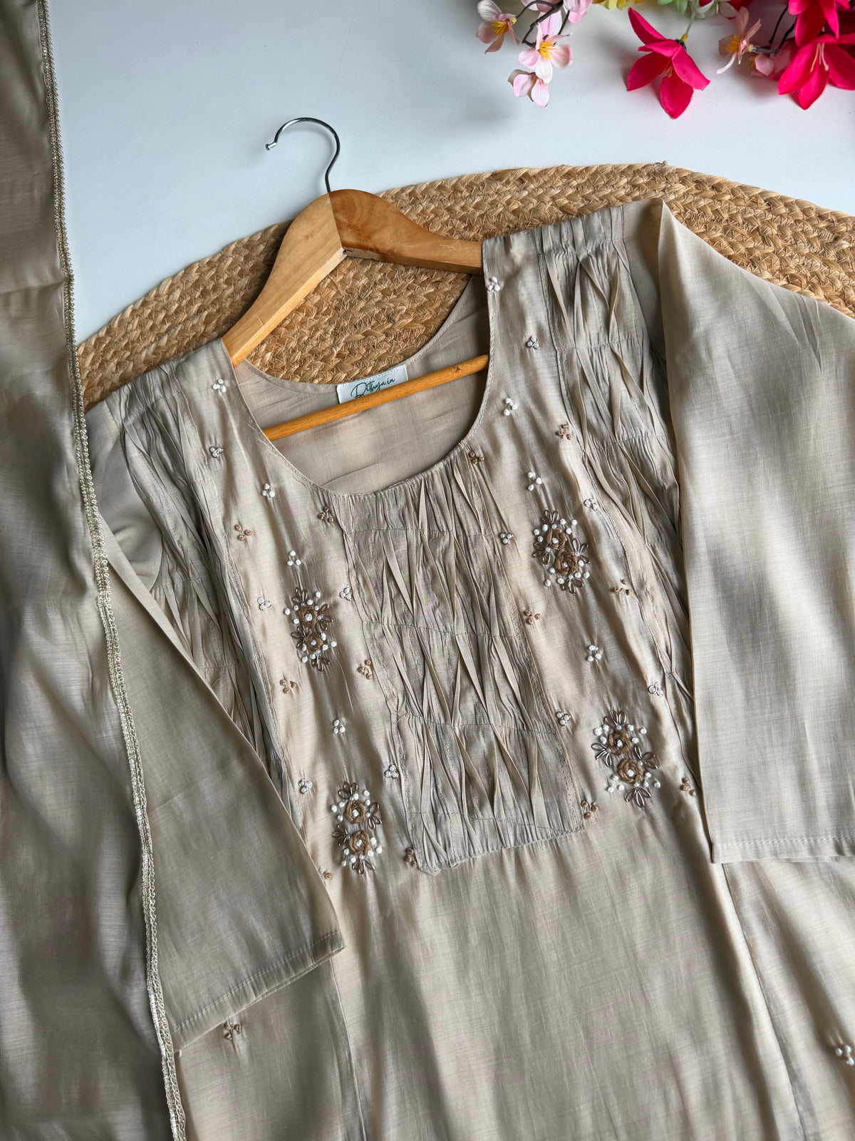 K215 - Surat Mul chanderi handwork Aline Kurti with pants and dupatta