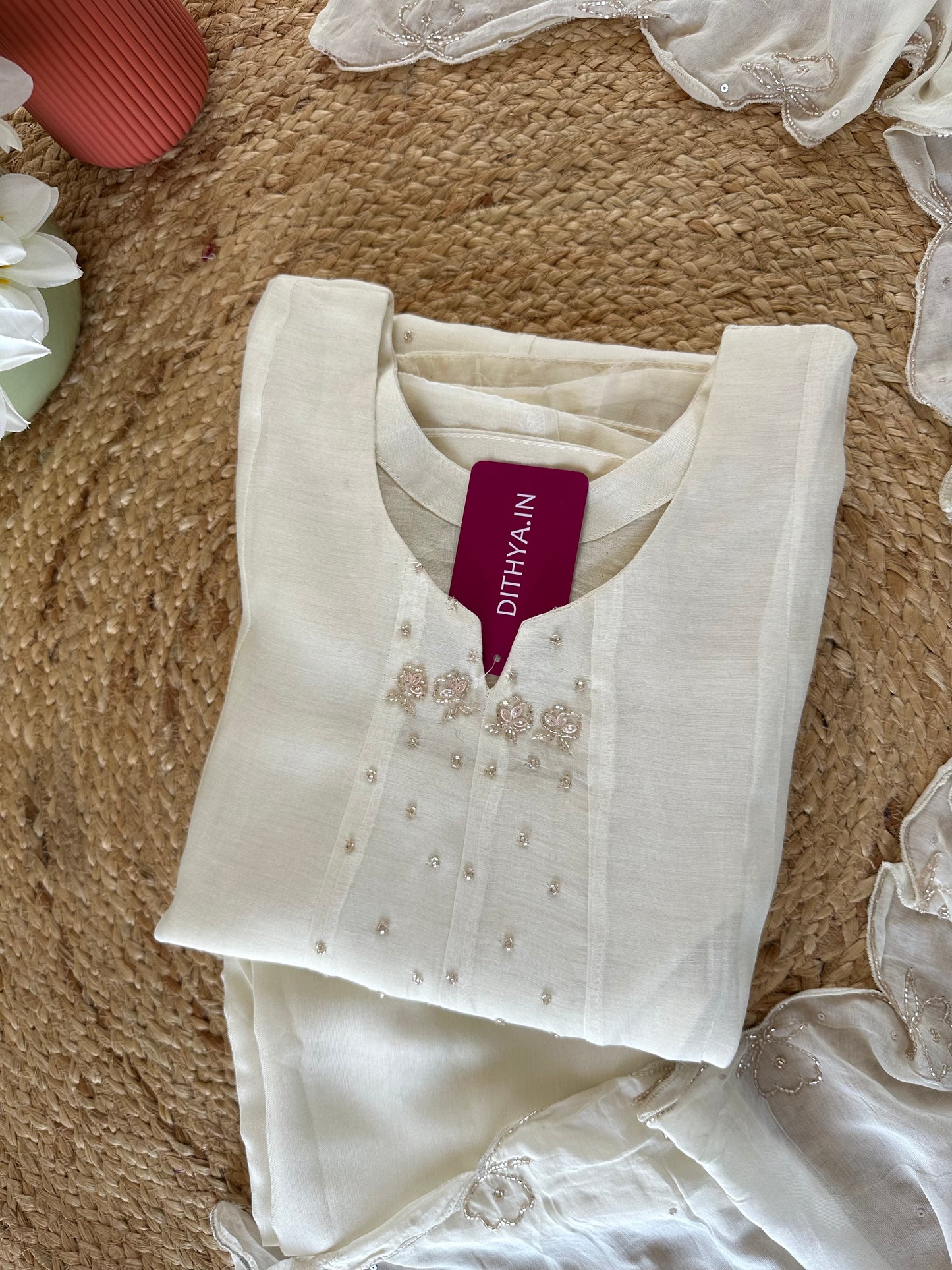 K211 - Mul Chanderi zardosi work Aline Kurti with pants and dupatta