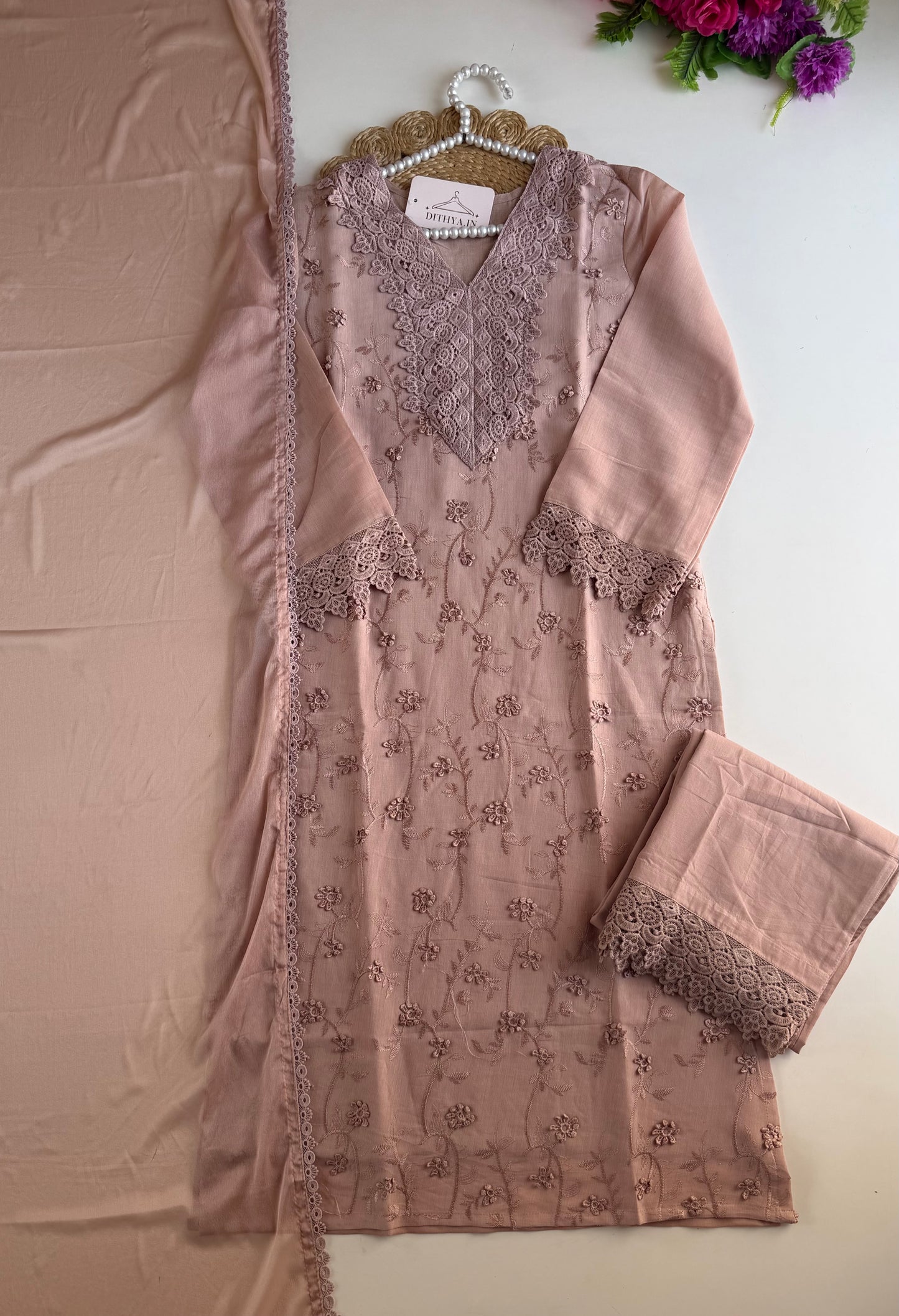 K551 - Mul chanderi 3D embroidered straight Kurti with pants and dupatta