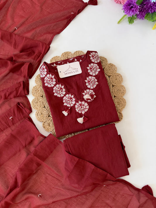 K146 - Mul cotton embroidered straight Kurti with pants and dupatta