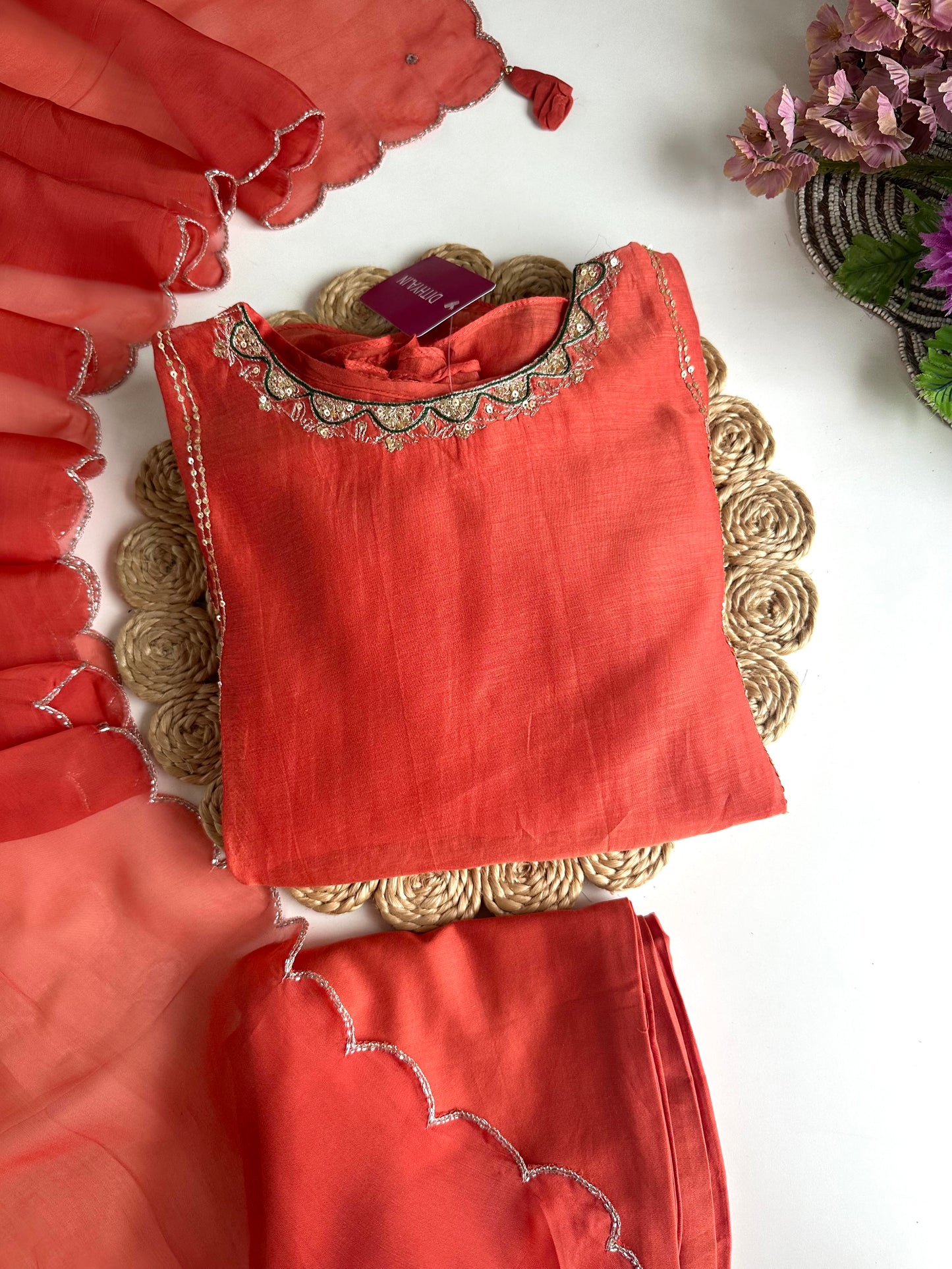 K010 - Mul Chanderi handwork Aline Kurti with pants and dupatta