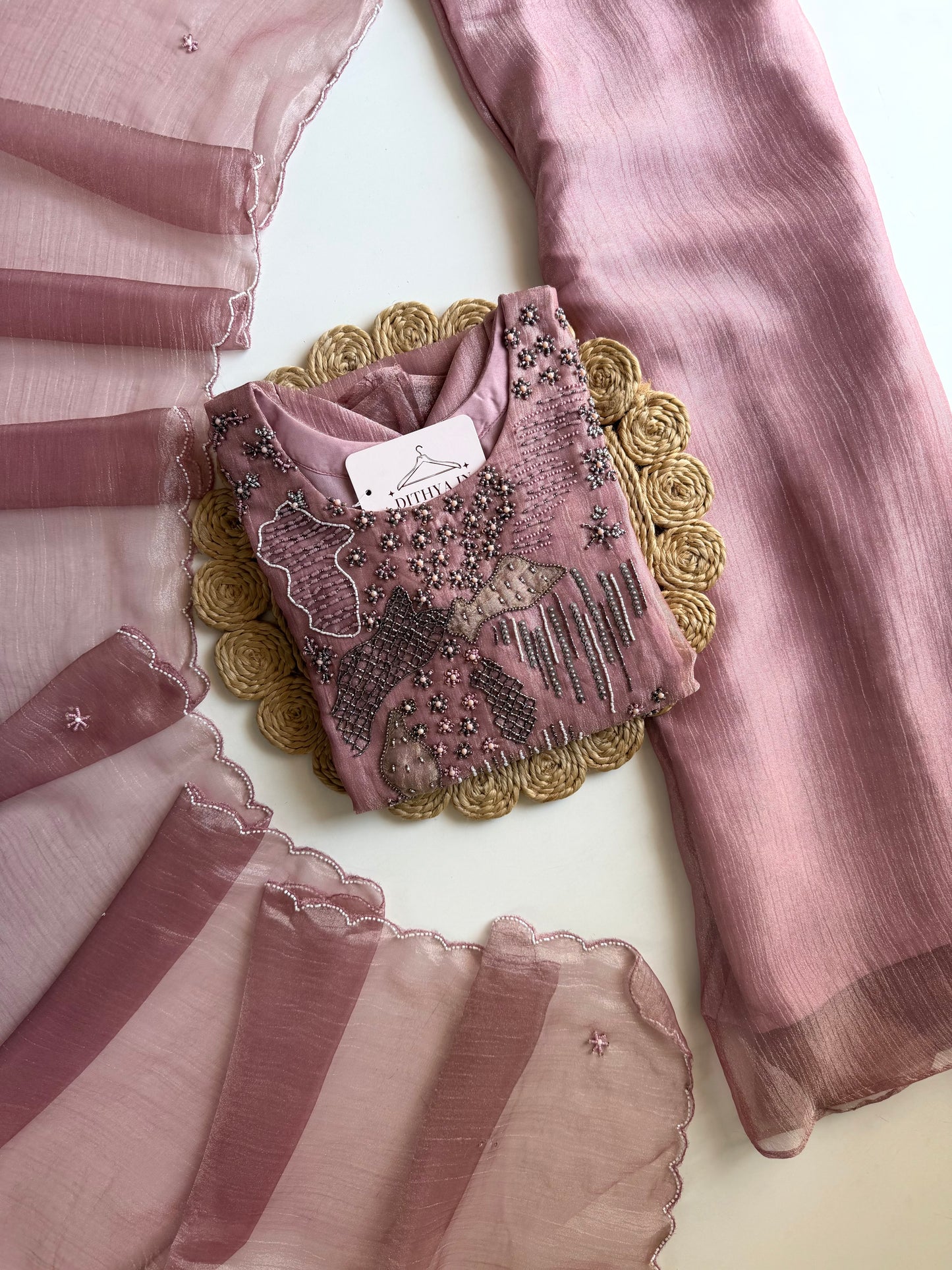 K544 - Crush tissue handwork Aline Kurti with divider pants and dupatta
