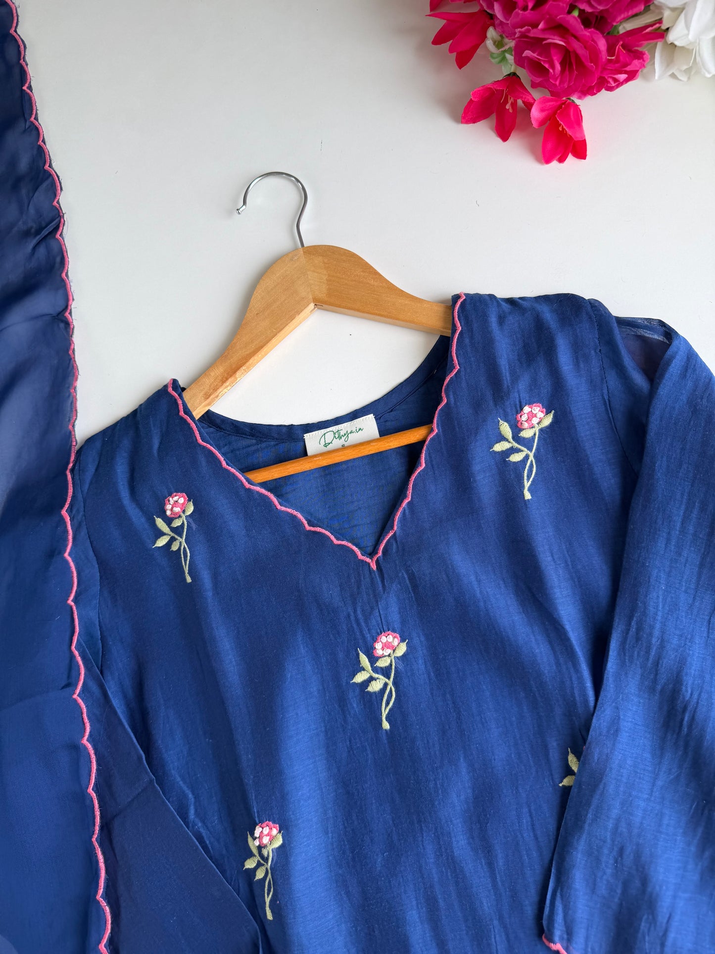 K087 - Mul chanderi embroidered Aline Kurti with pants and dupatta