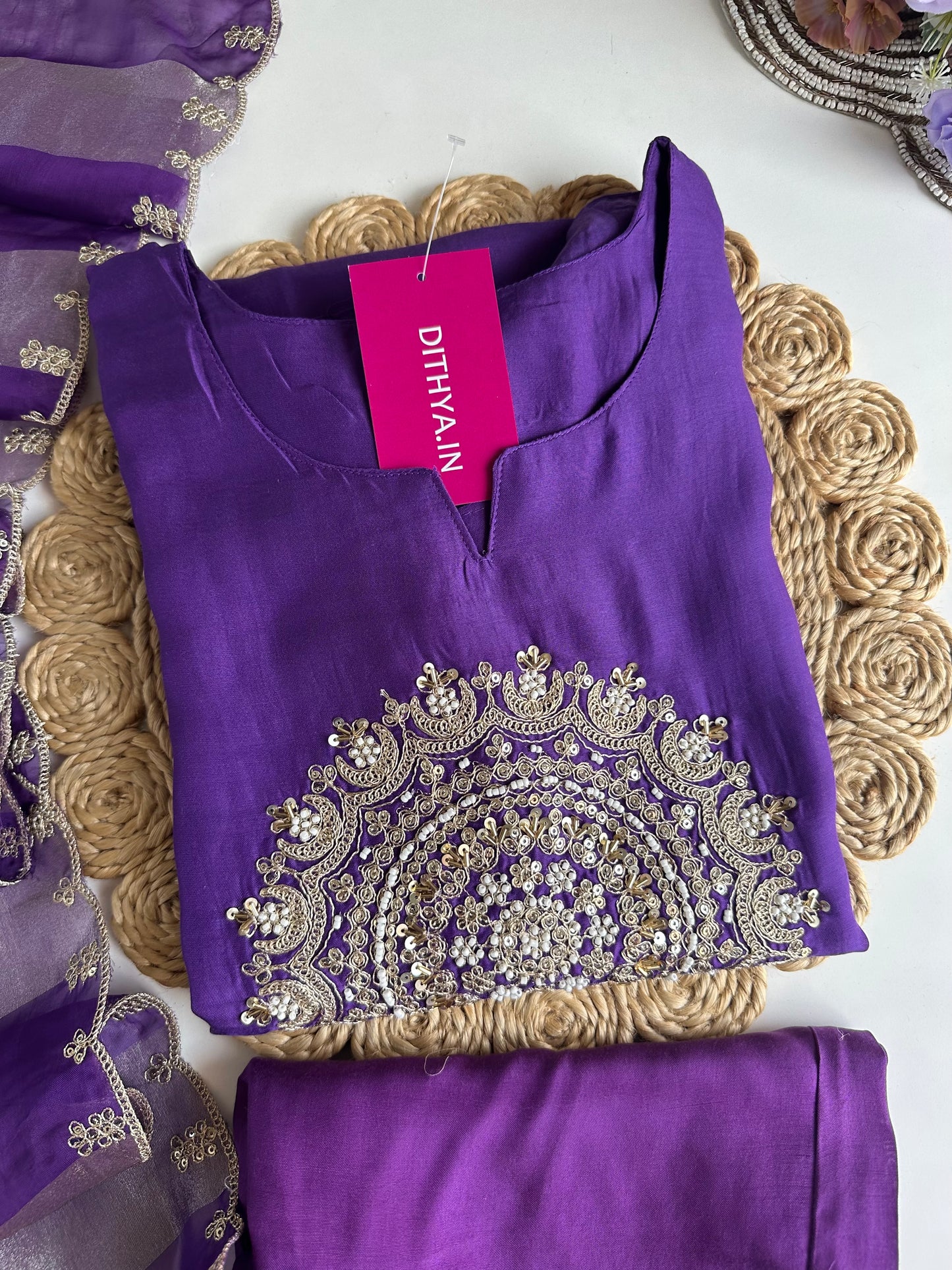 K115 - Russian silk handwork Aline Kurti with pants and dupatta