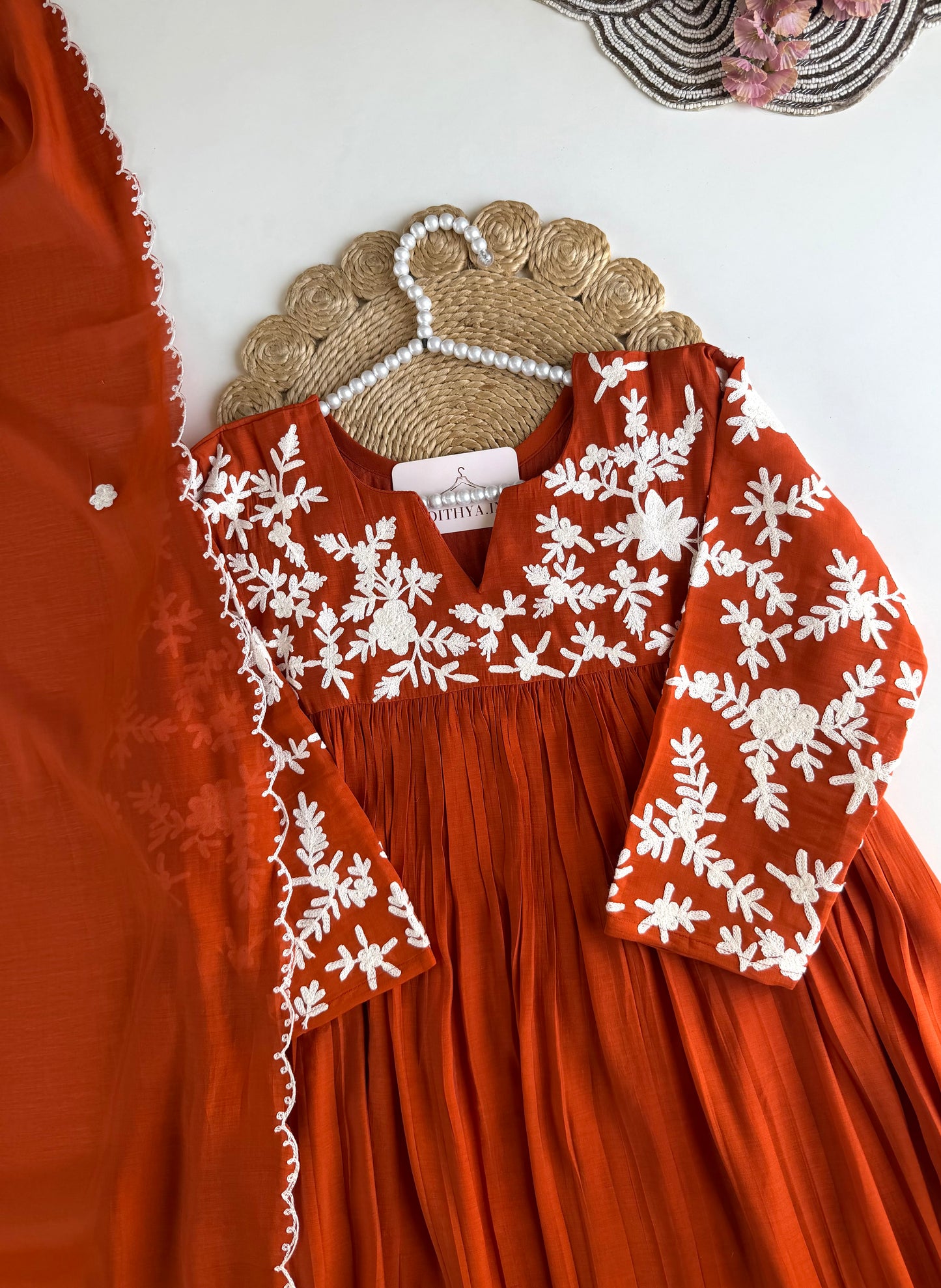 K685 - Mul chanderi embroidered Anarkali with pants and dupatta