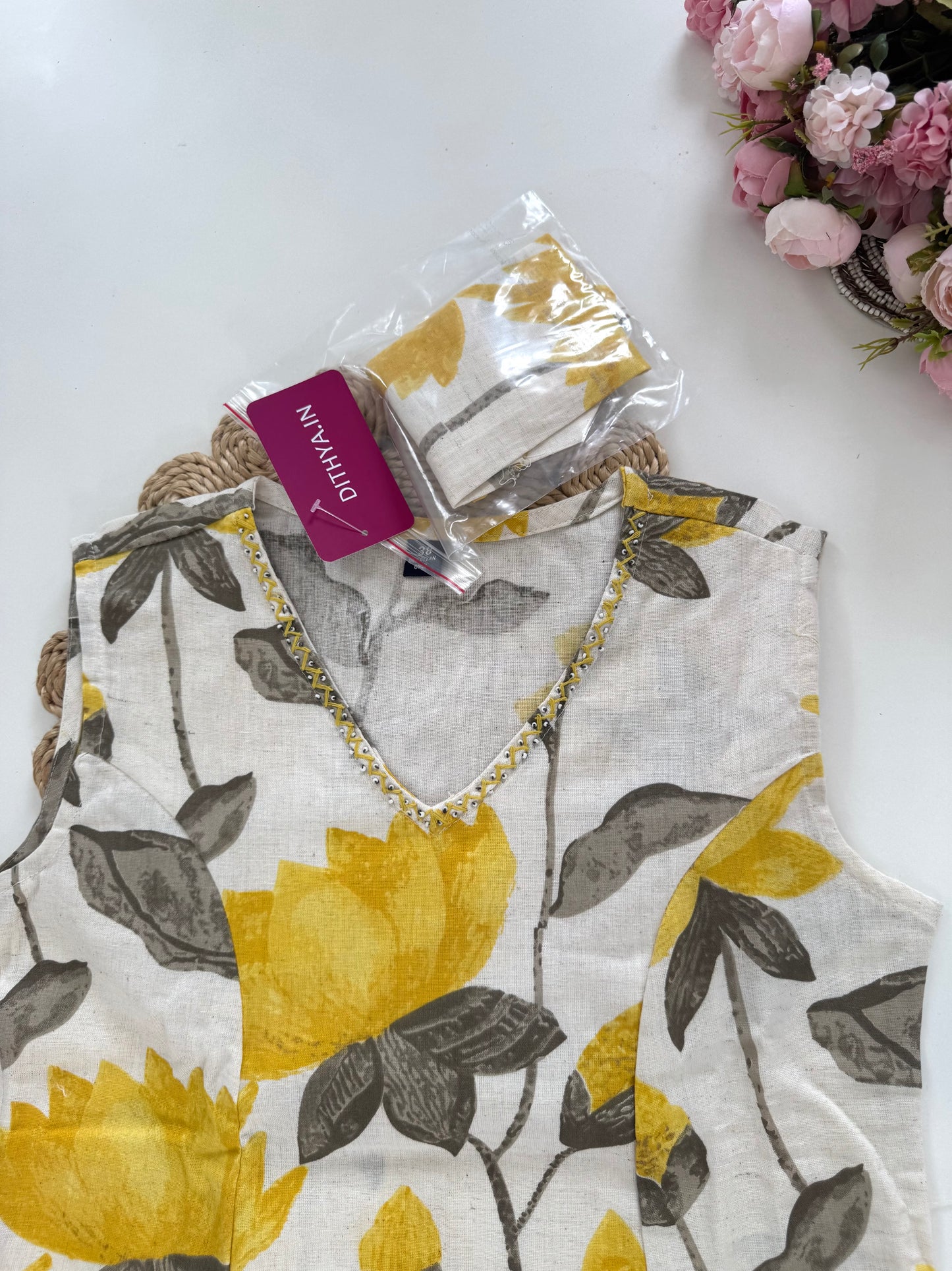 K004 - Cotton floral sleeveless Aline Kurti with pants