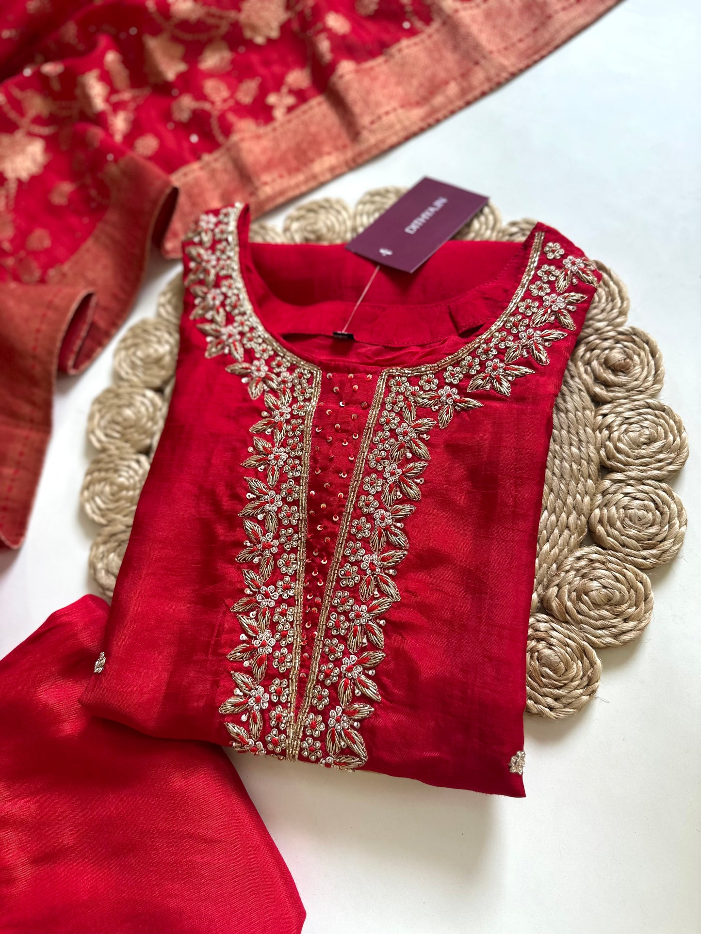 K265 - Russian silk handwork Straight kurti with straight pants and Banarasi silk dupatta .