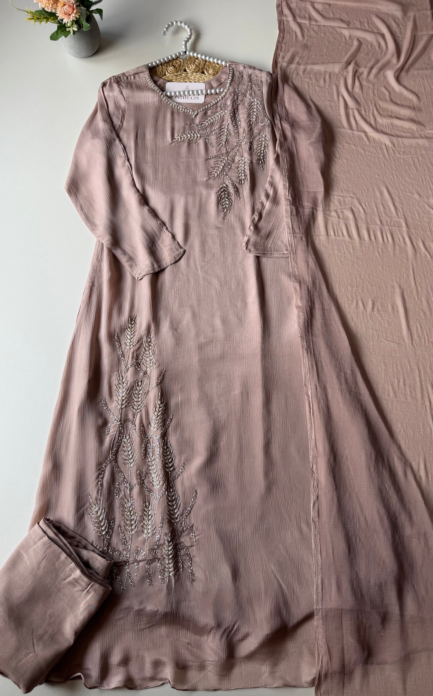 K482 - Pure Chinnon handwork aline Kurti with pants and dupatta