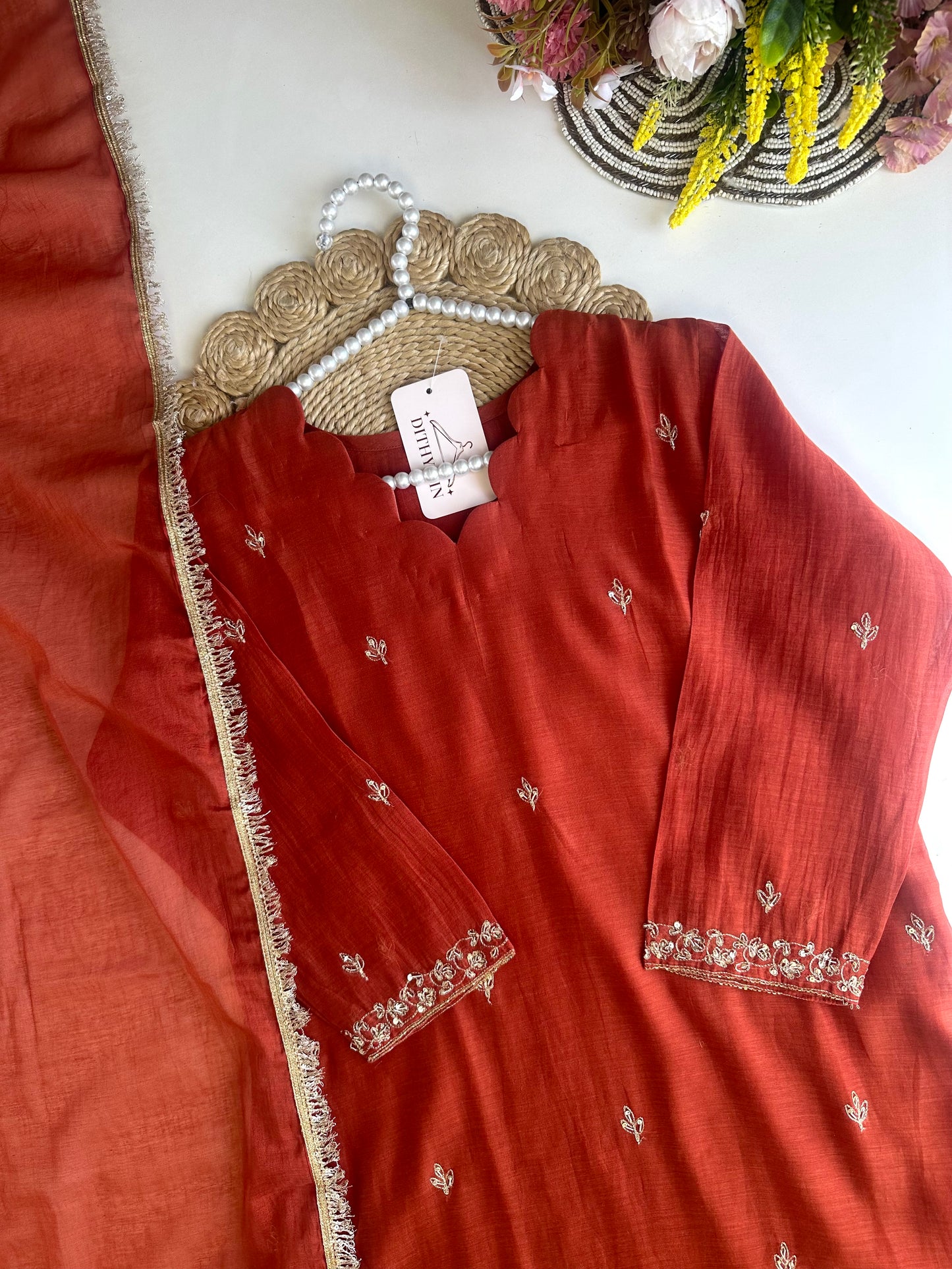 K430 - Mul Chanderi handwork Anarkali with pants and dupatta in 2 colours