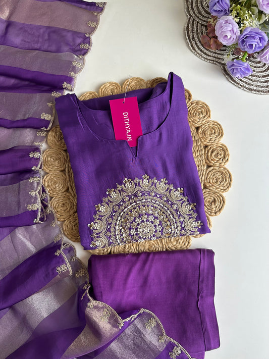 K115 - Russian silk handwork Aline Kurti with pants and dupatta