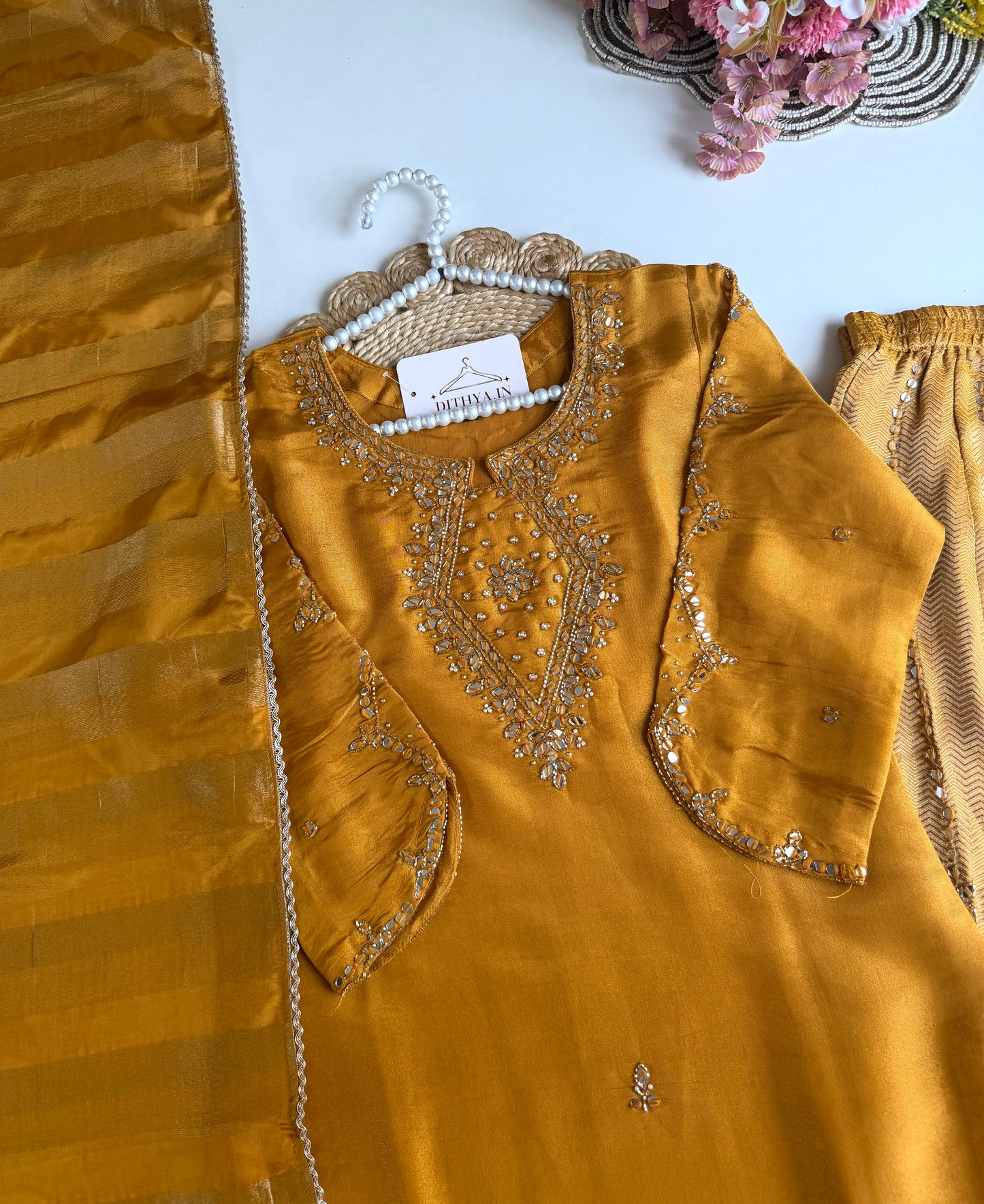 K553 - Tissue silk handwork short Kurti with divider pants and dupatta