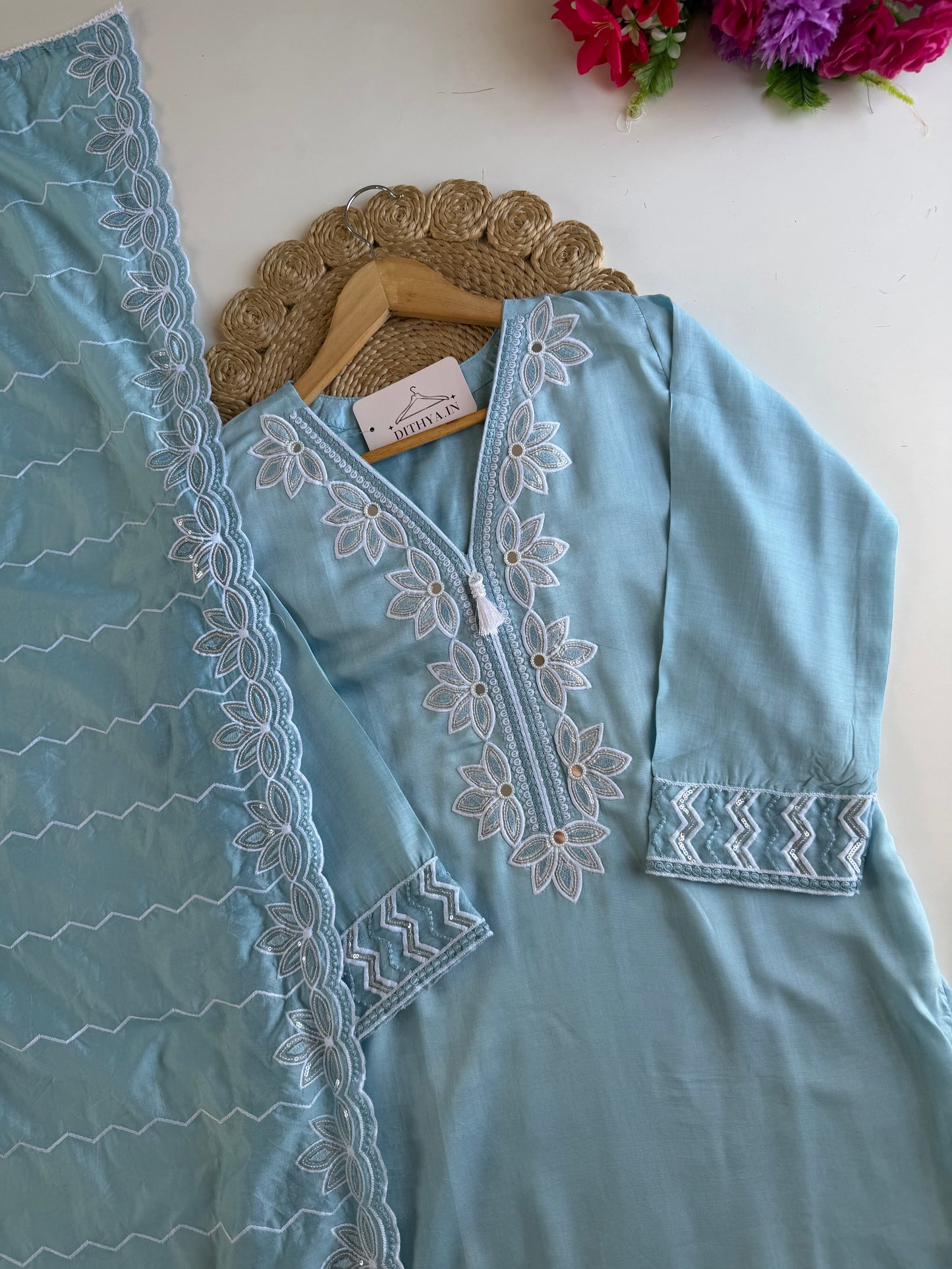 K377 - Muslin embroidered straight Kurti with pants and dupatta