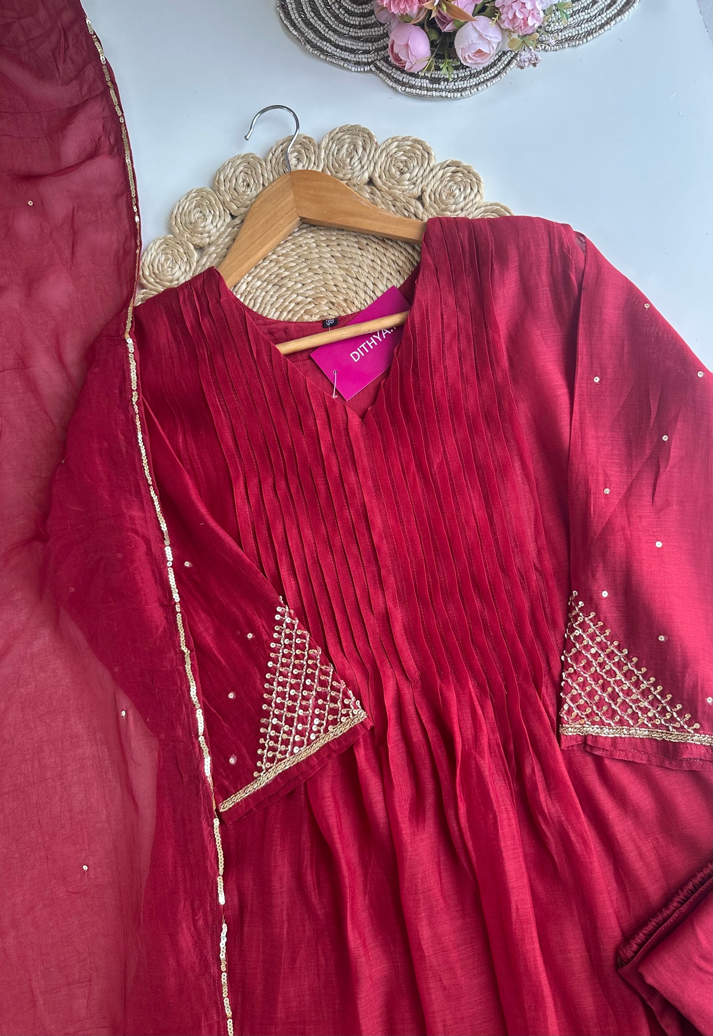 K395 - Mul Chanderi Handwork Aline Kurti with pants and dupatta