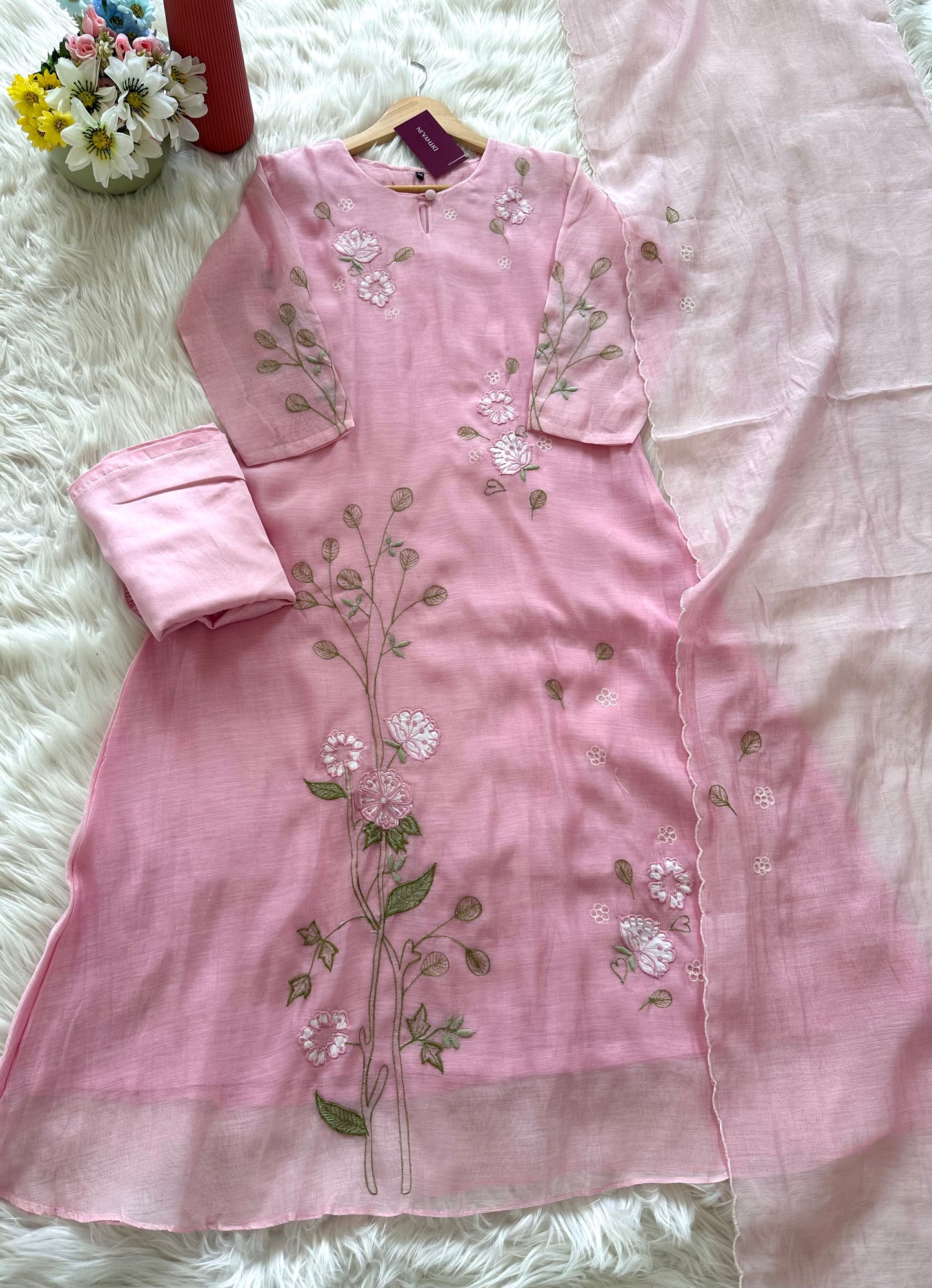 K086 - Mul Chanderi Appliqué work Aline Kurti with pants and dupatta