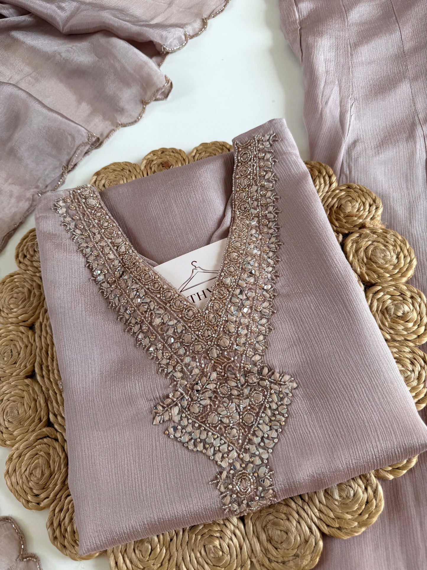 K514-Pure Chinnon handwork short Kurti with divider pants and dupatta