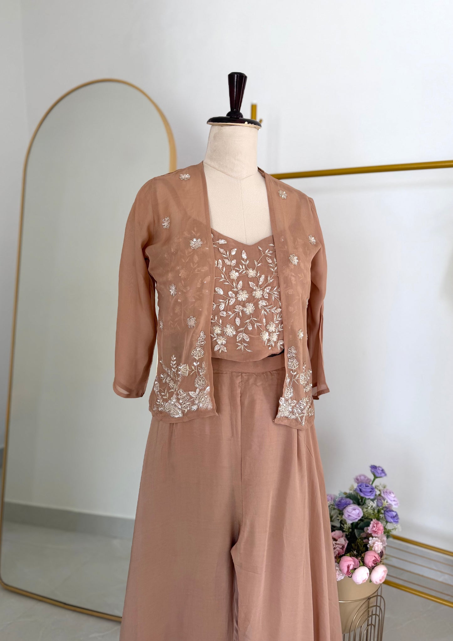 K338 - Pure viscose organza handwork crop top with jacket and divider pants