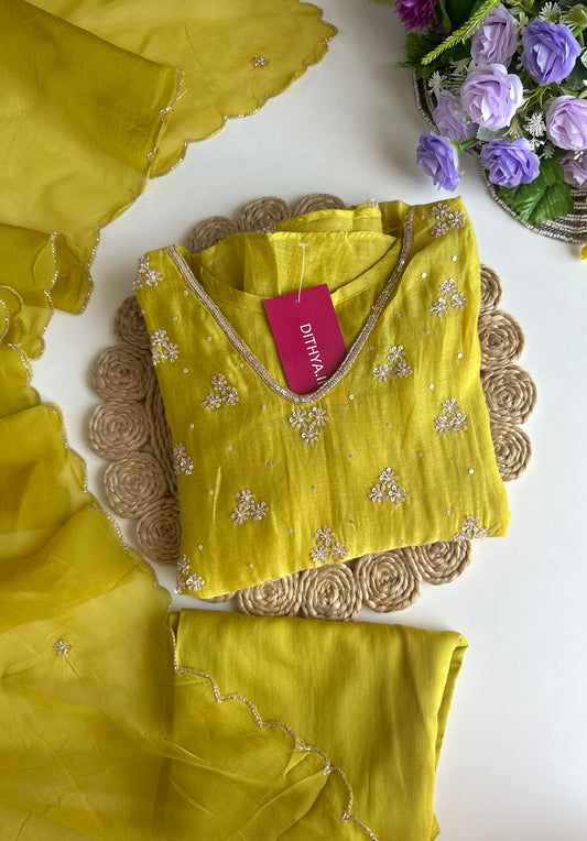 K097 - Mul Chanderi handwork Aline Kurti with pants and dupatta