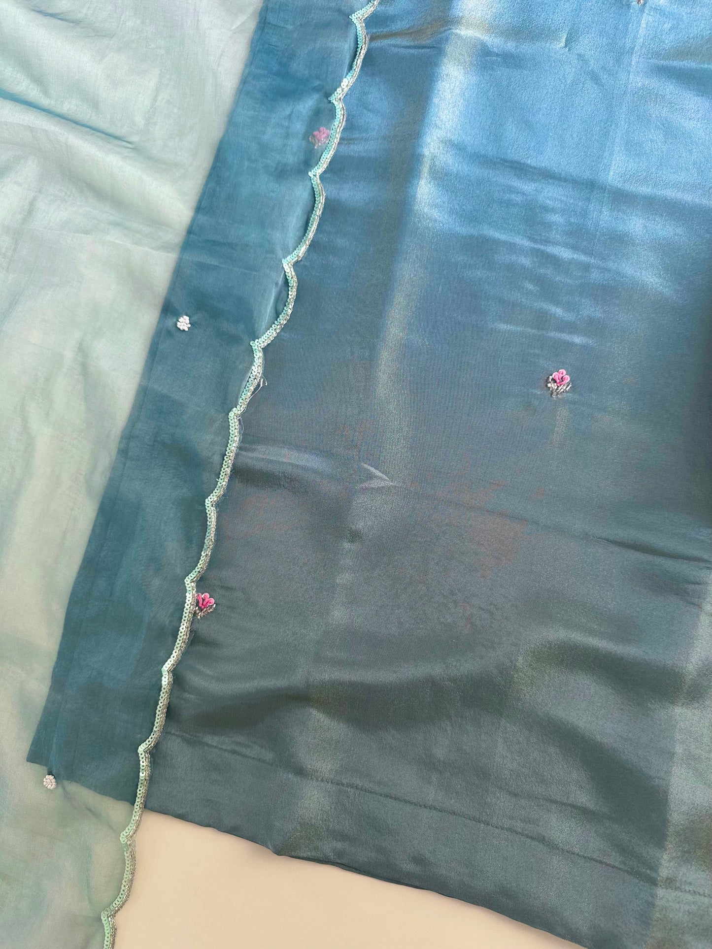 K138 - Tissue silk handwork straight Kurti with pants and dupatta