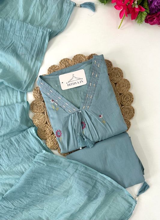 K395 - Mul cotton embroidered Aline Kurti with pants and dupatta in 3 colours