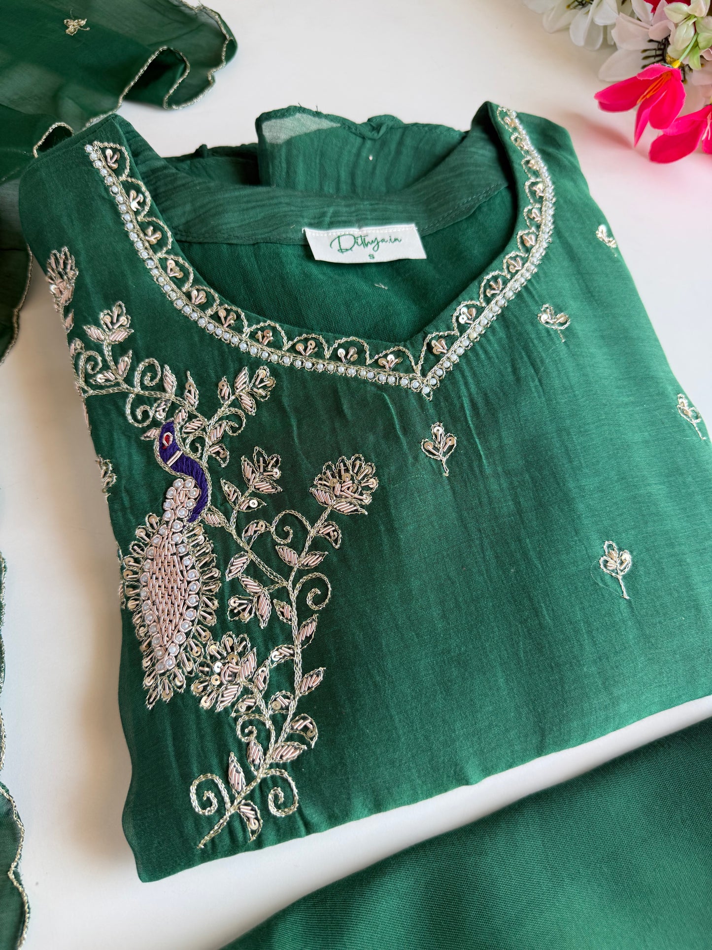 K691 - Banarasi Mul chanderi handwork Aline Kurti with pants and dupatta