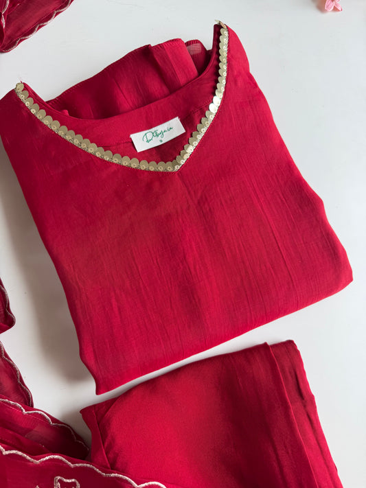 K114 - Surat Mul chanderi embroidered Aline Kurti with pants and dupatta