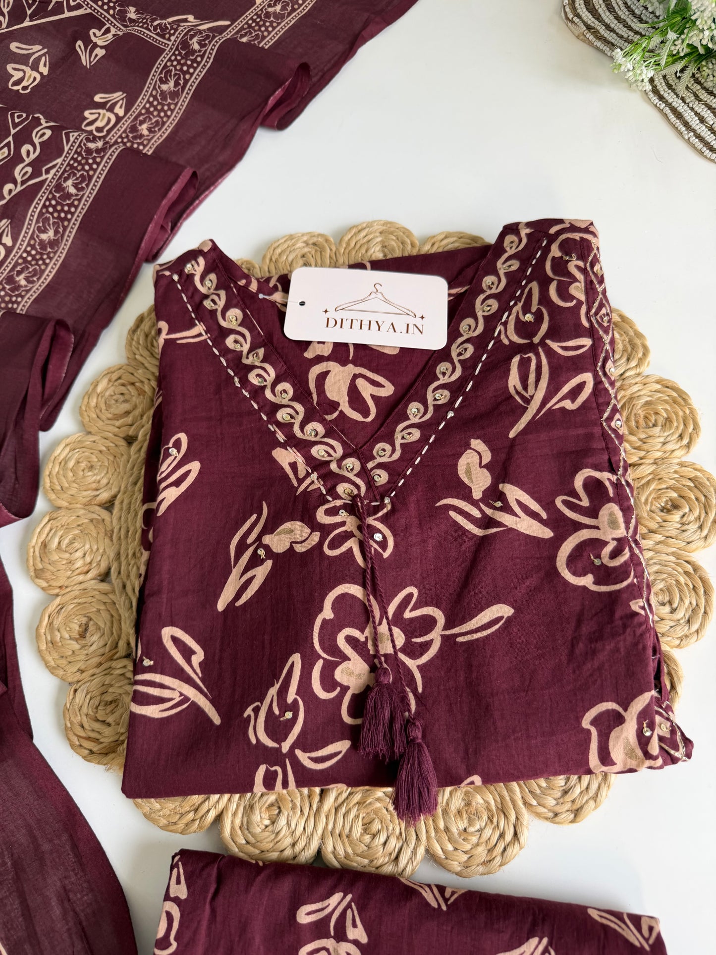 K647 - Mul cotton embroidered Aline Kurti with pants and dupatta