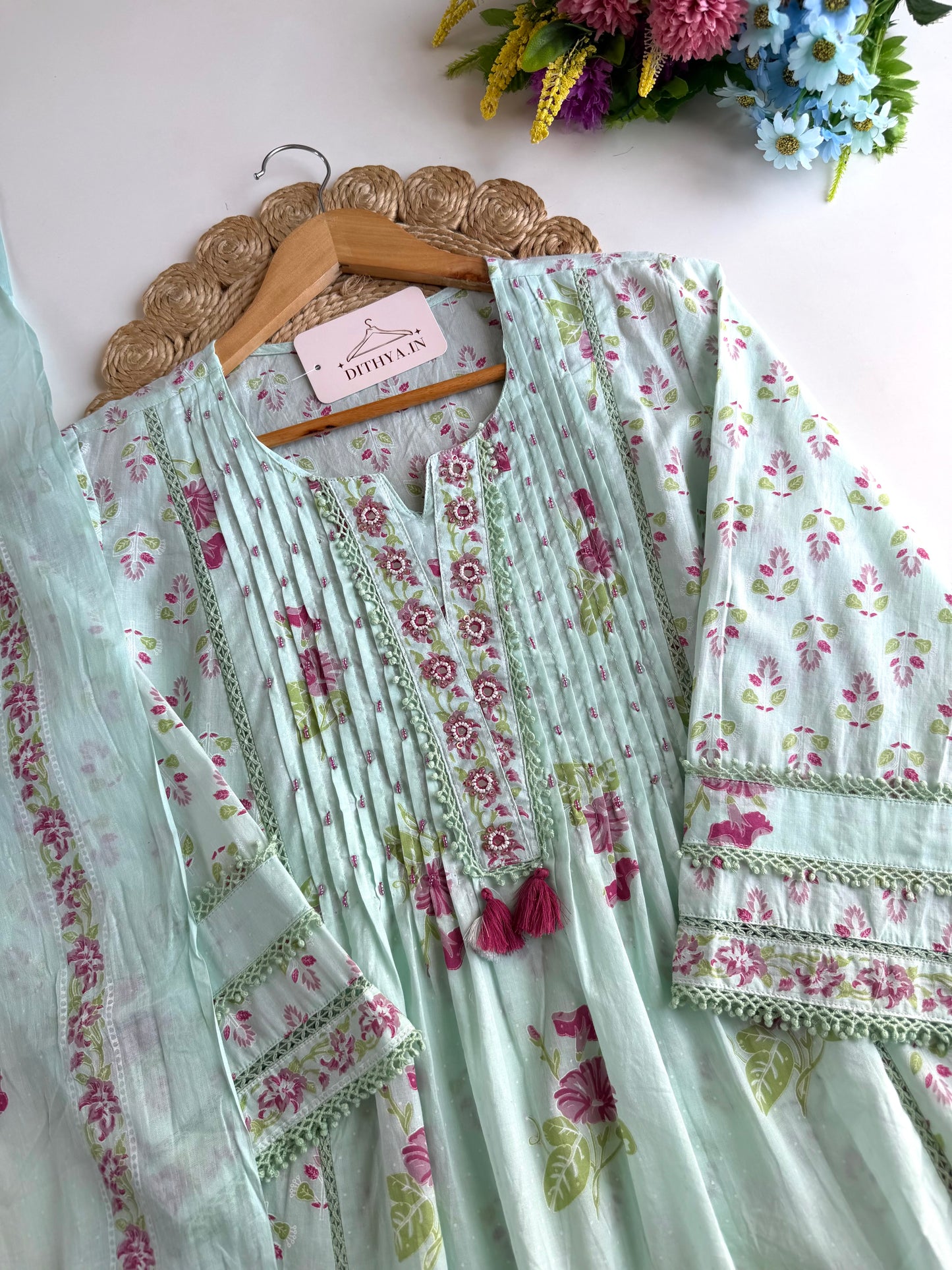 K059 - Mul cotton embroidered Anarkali with pants and dupatta