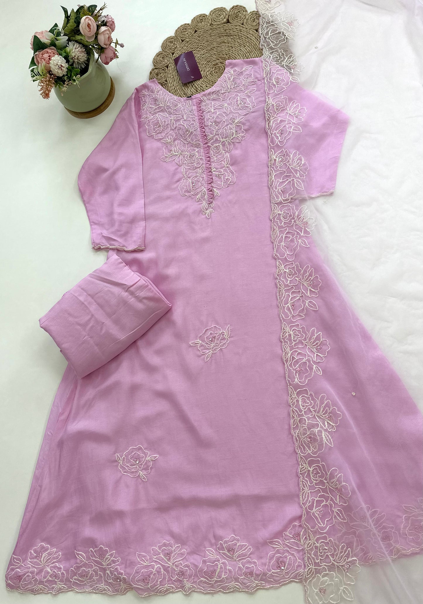 K157 - Dola silk hand embroidered Aline Kurti with pants and dupatta.