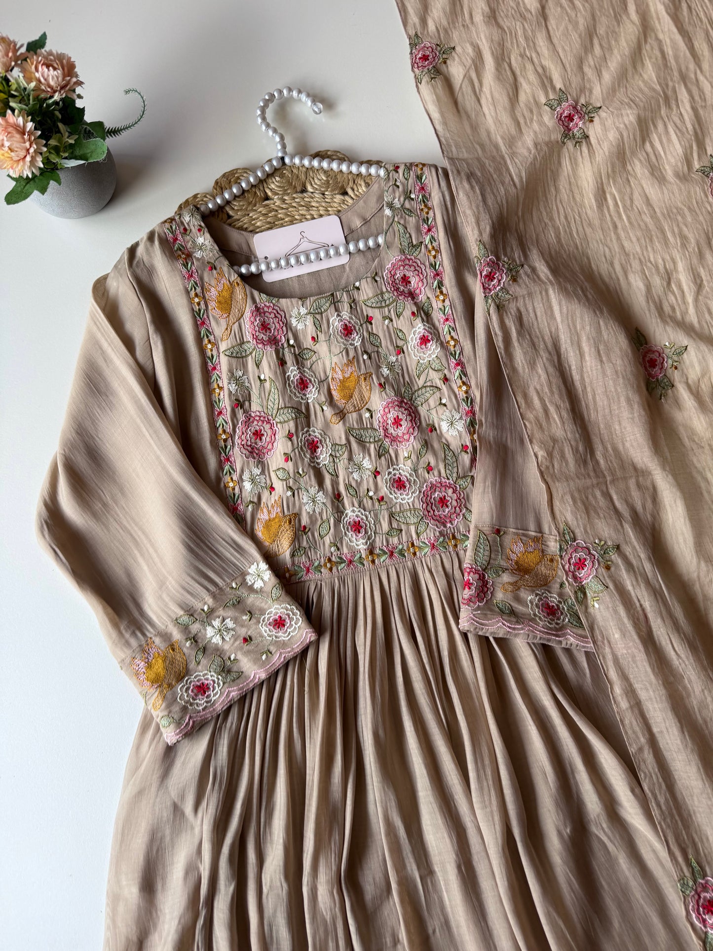 K140 - Mul chanderi embroidered Anarkali with pants and dupatta