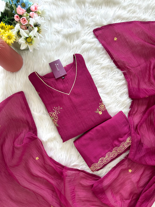 K286 - Mul Chanderi embroidered Aline kurti with palazzo pants and dupatta