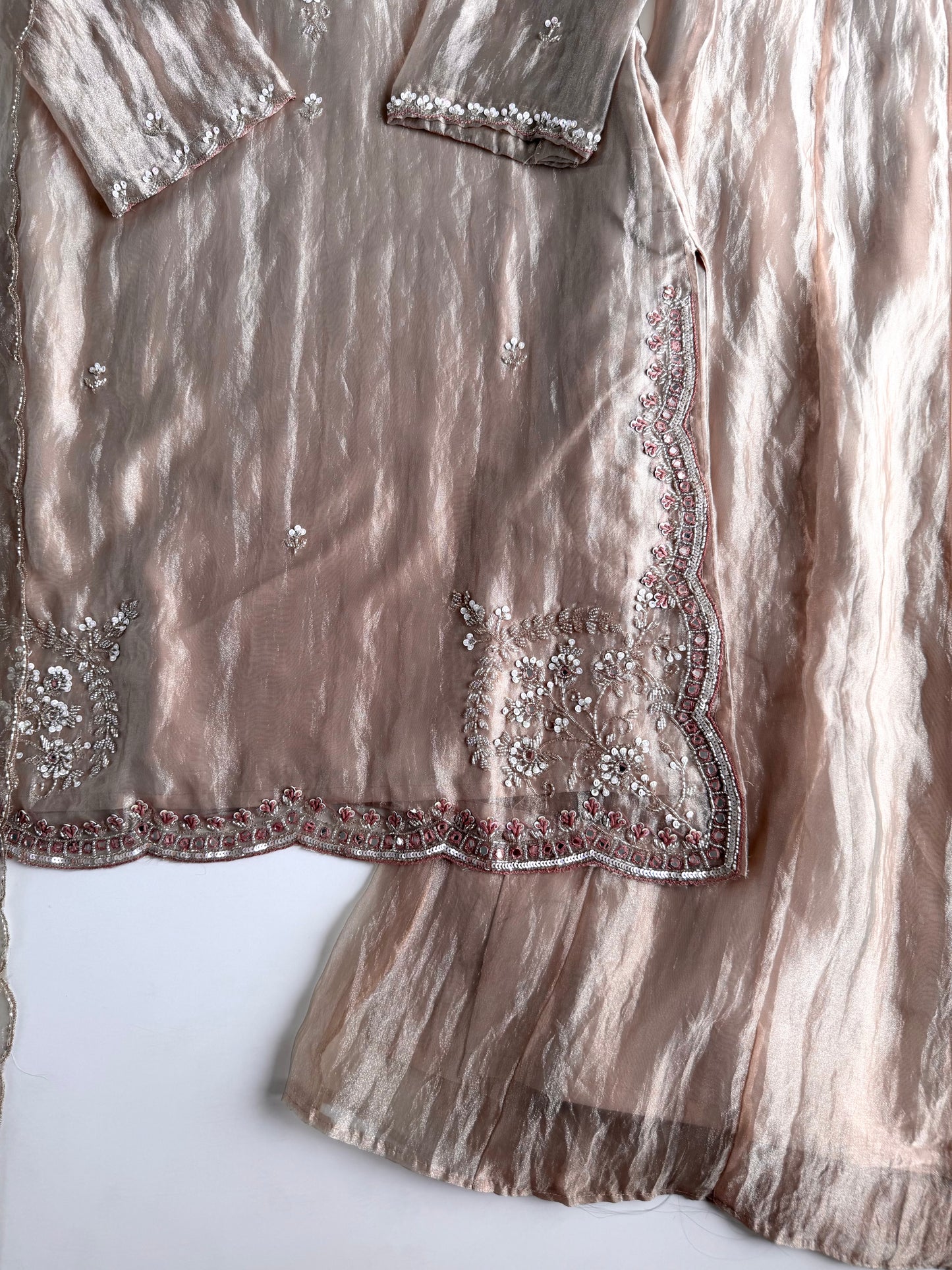 K631 - Glass Tissue handwork short Kurti with palazzo and dupatta