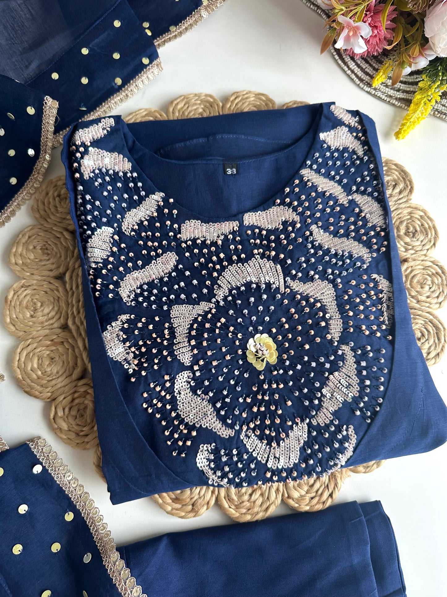 K032 - Pure mul Chanderi handwork Aline Kurti with pants and dupatta in 3 colours