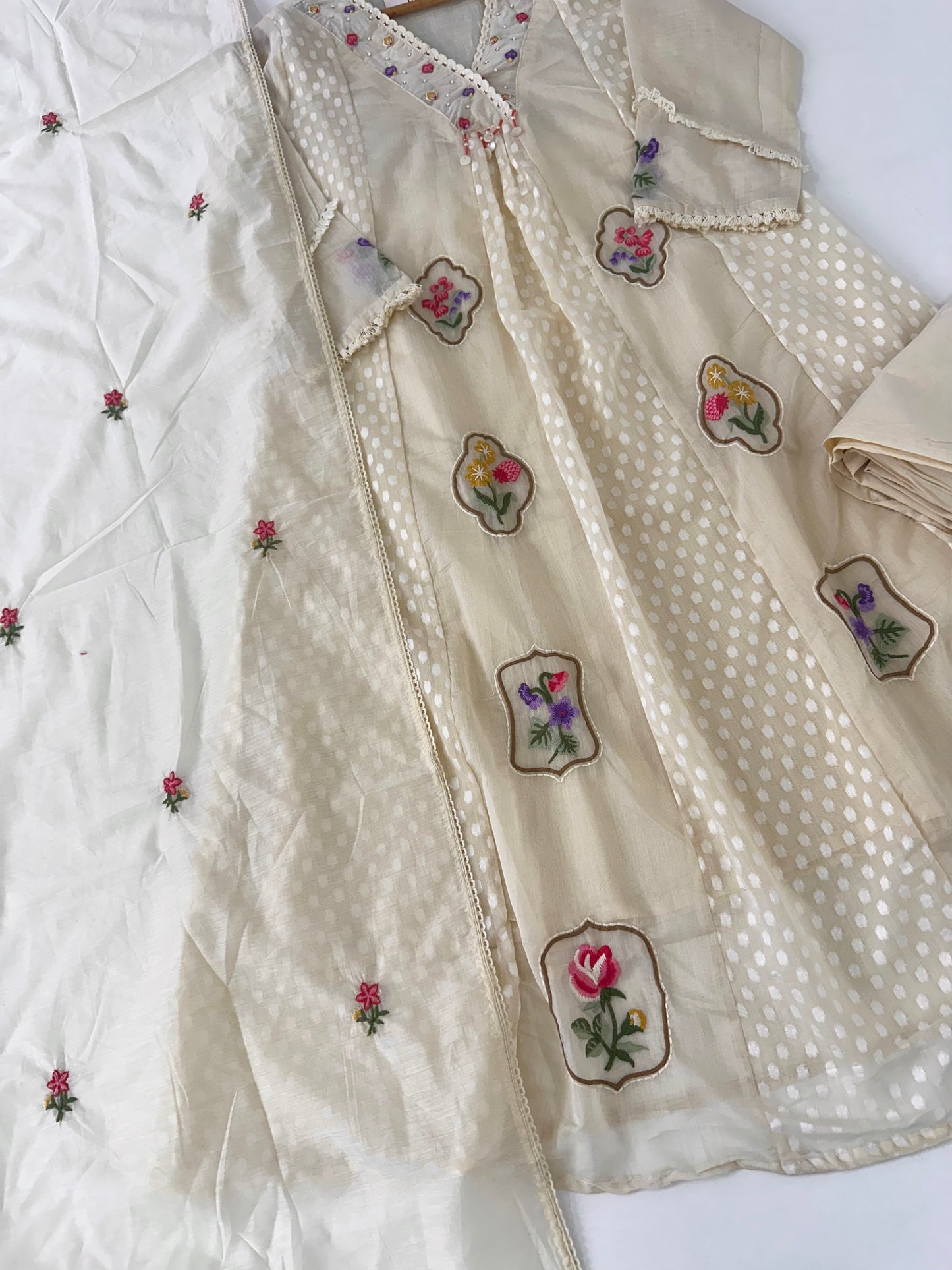 K380 - Mul chanderi embroidered Anarkali with pants and dupatta