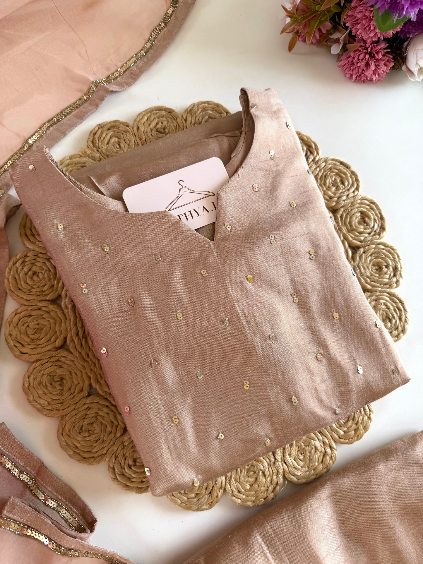 K410 - Russian silk handwork aline Kurti with pants and dupatta