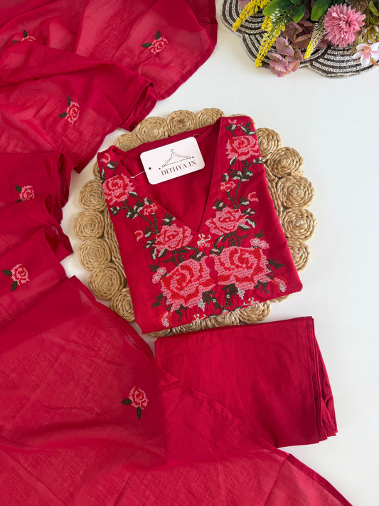 K270 - Mul cotton embroidered straight Kurti with pants and dupatta