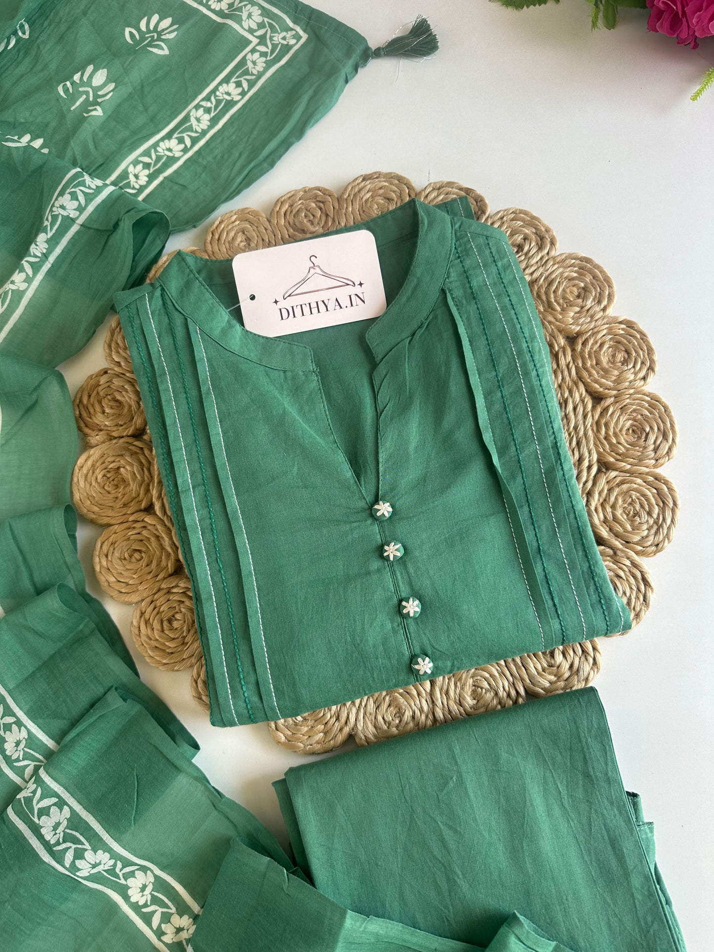K213 - Mul cotton embroidered Aline Kurti with pants and dupatta