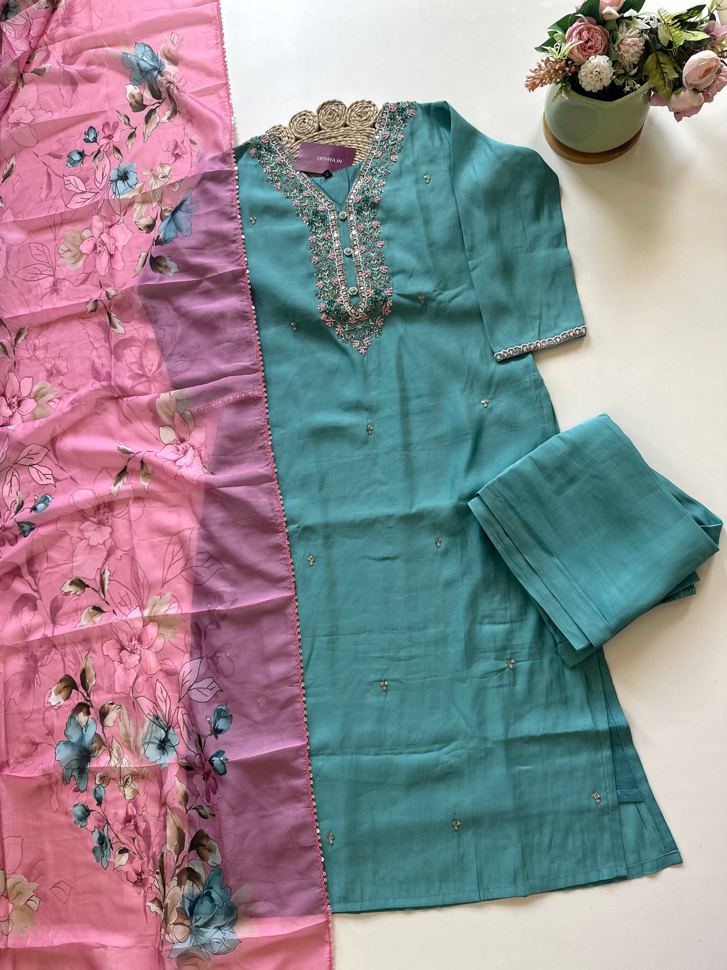 K026 - Roman silk straight kurti with pants and dupatta .