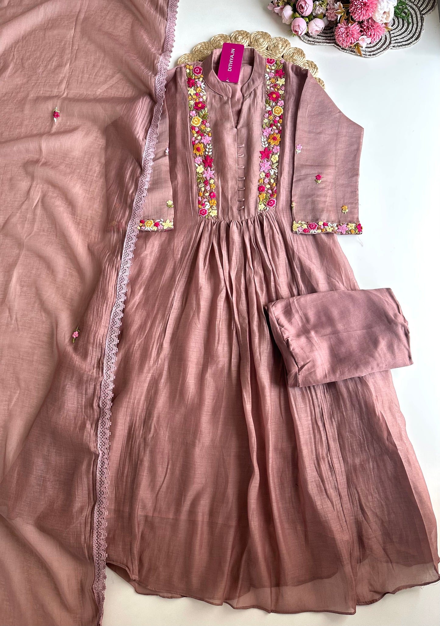 K350 - Mul Chanderi embroidered Aline Kurti with pants and dupatta