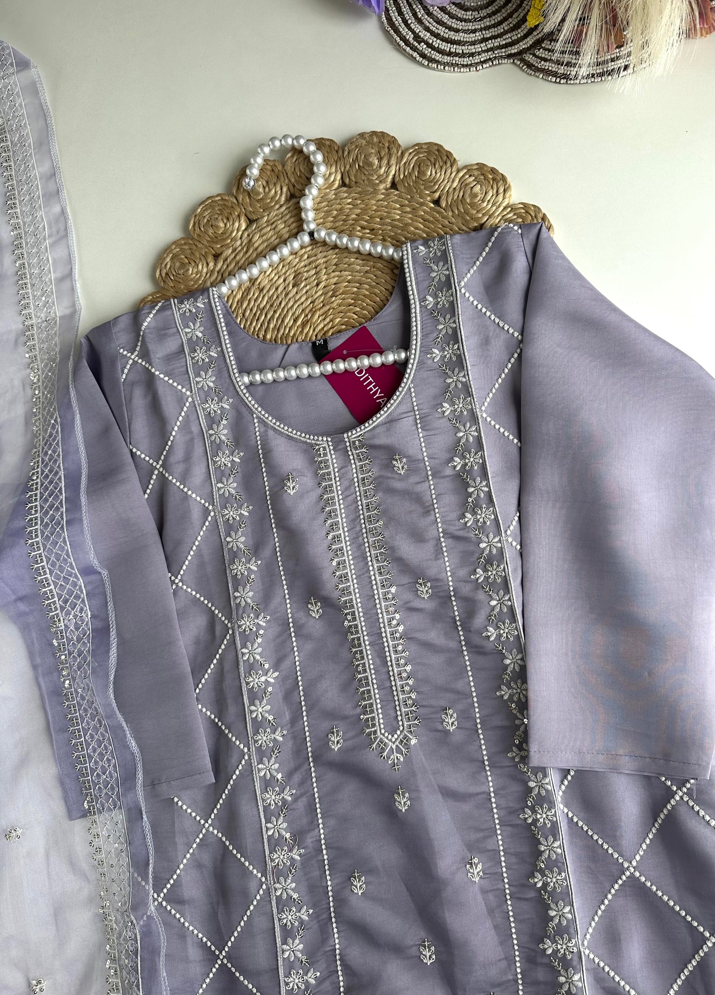 K166 - Roman silk embroidered straight Kurti with pants and dupatta