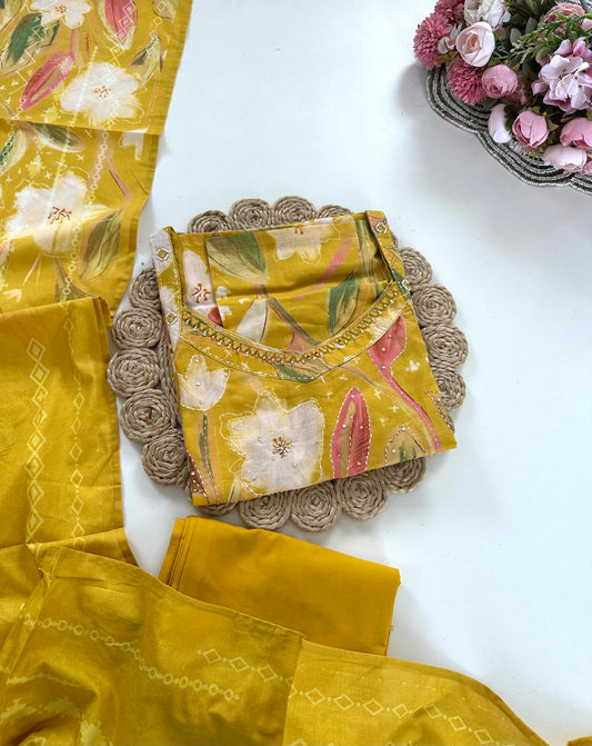 K250 - Cotton Strap handwork straight Kurti with pants and dupatta in 3 colours