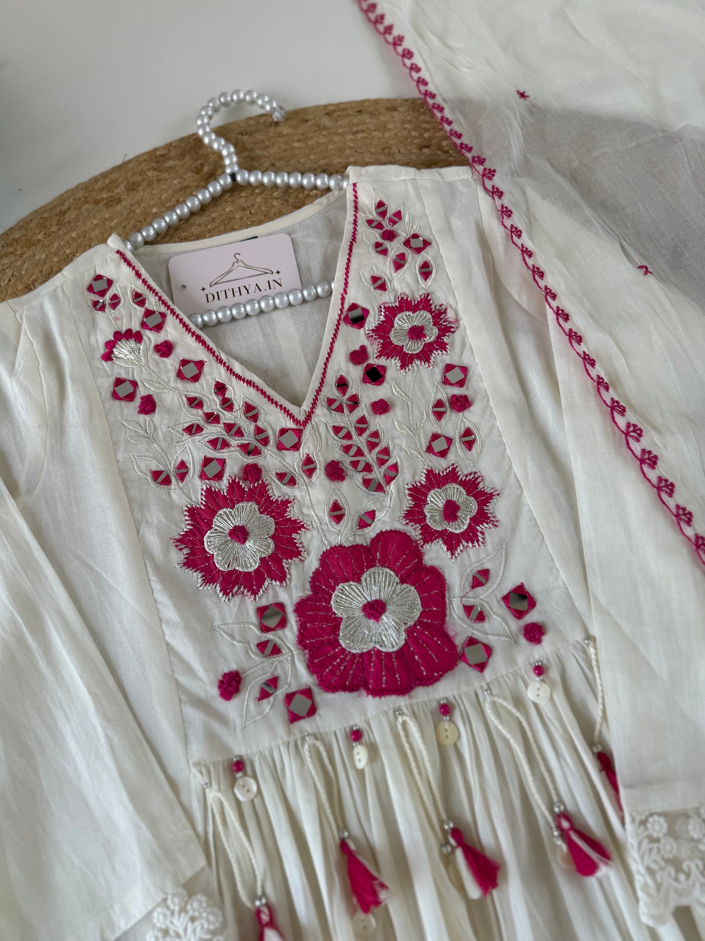 K591 - Mulmul cotton embroidered Anarkali with pants and dupatta