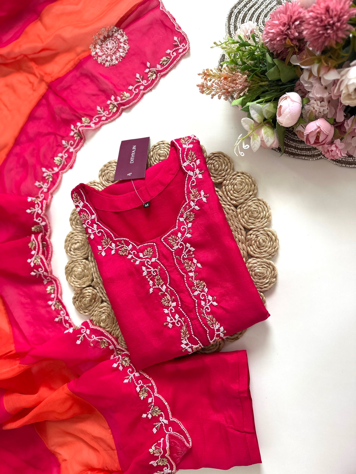 K033 - Russian silk handwork straight kurti with pants and dupatta