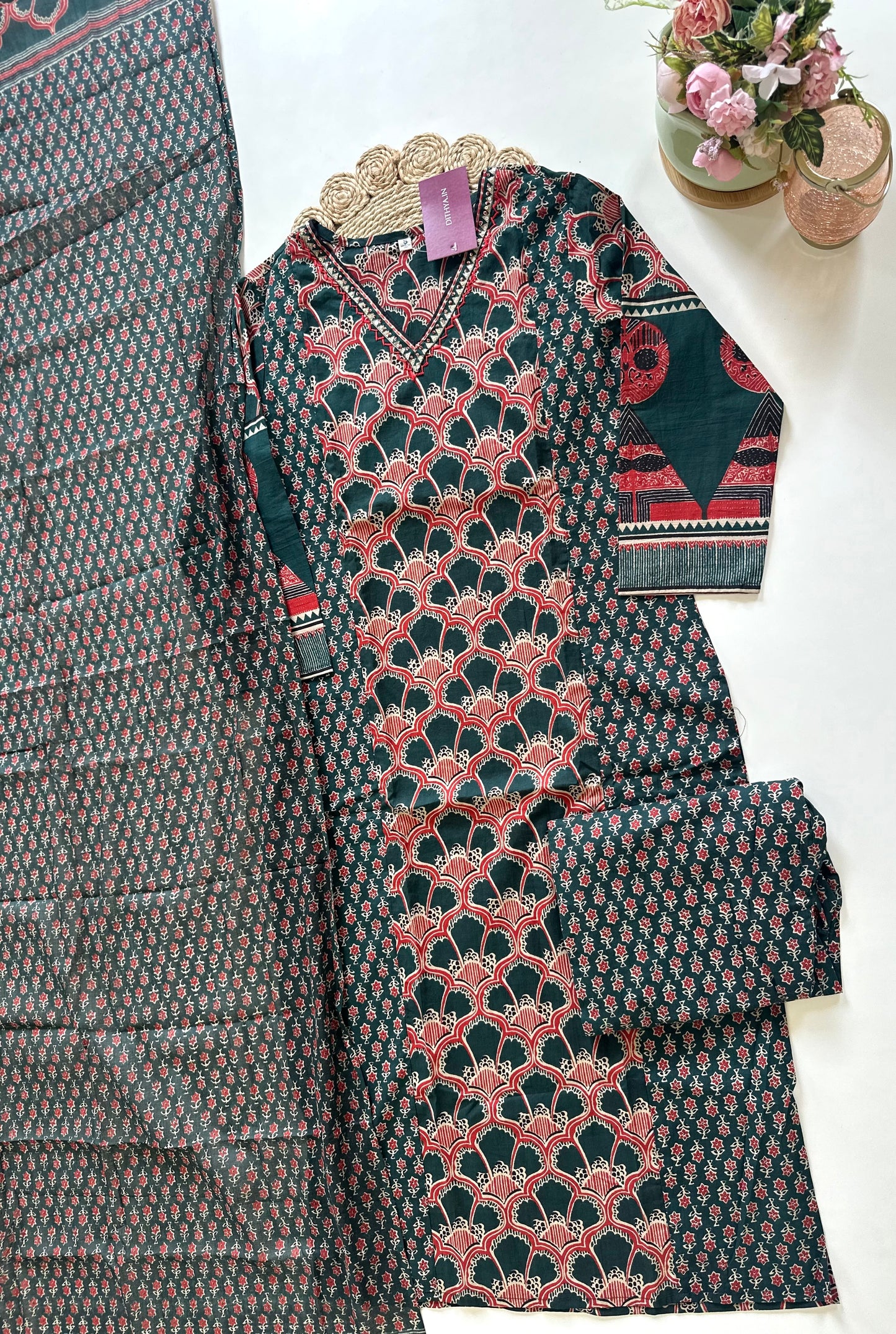 K113 - Cotton printed straight kurti with pants and dupatta.